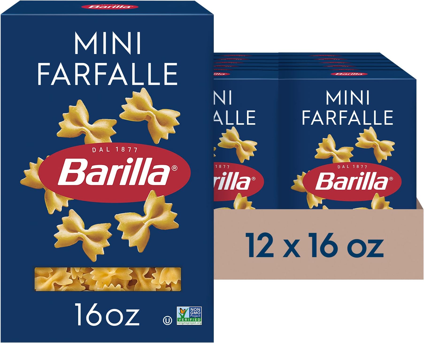 Barilla Mini Farfalle Pasta, 16 oz. Box (Pack of 12) - Non-GMO, Made with Durum Wheat Semolina - Kosher Certified