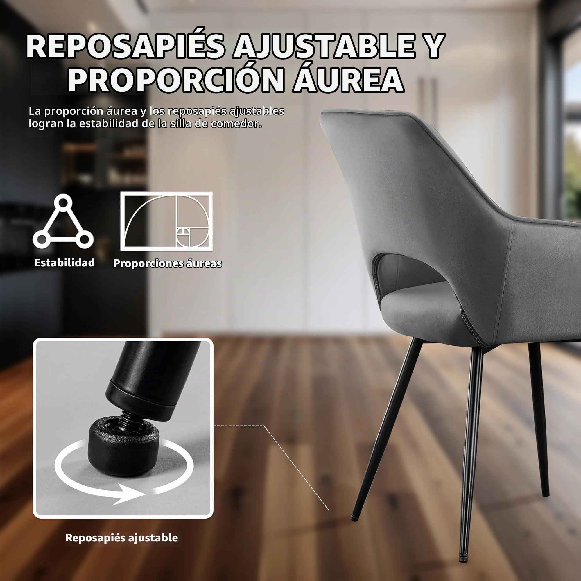 STOOLINK Sillas Comedor Juego de 4, Silla de Comedor de Terciopelo, Silla de Cocina de Diseño Moderno con Reposabrazos, Silla de Tapizadas con Respaldo Recortado para Cocina, Salón - Gris