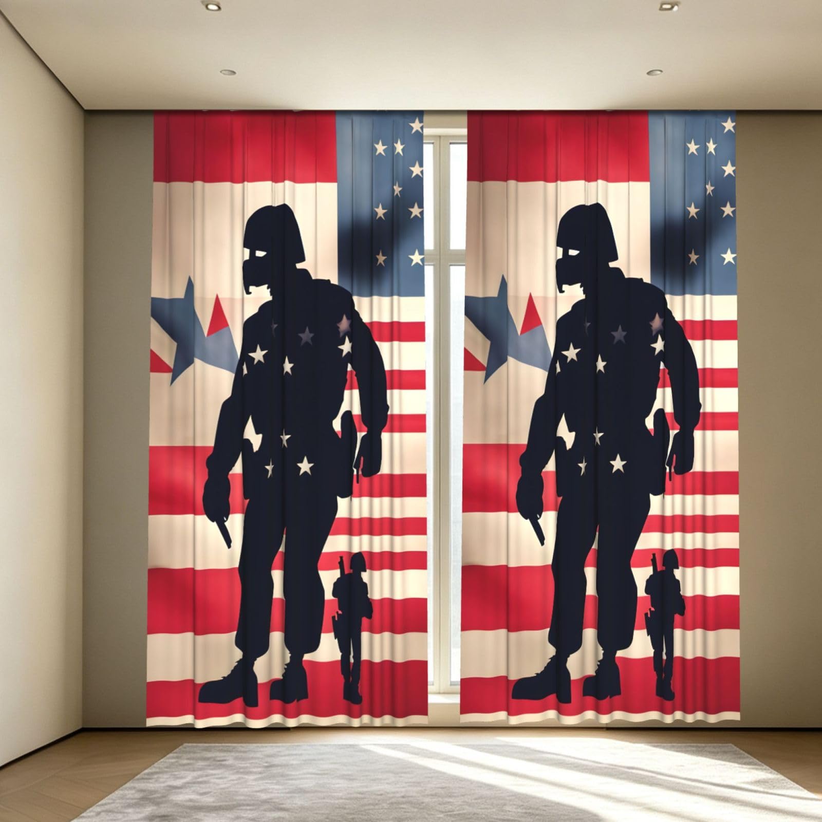 Yyoretp US Military Soldiers Patriotic Memorial Day Print Blackout Curtains for Living Room Bedroom Thermal Insulated Window Drapes.