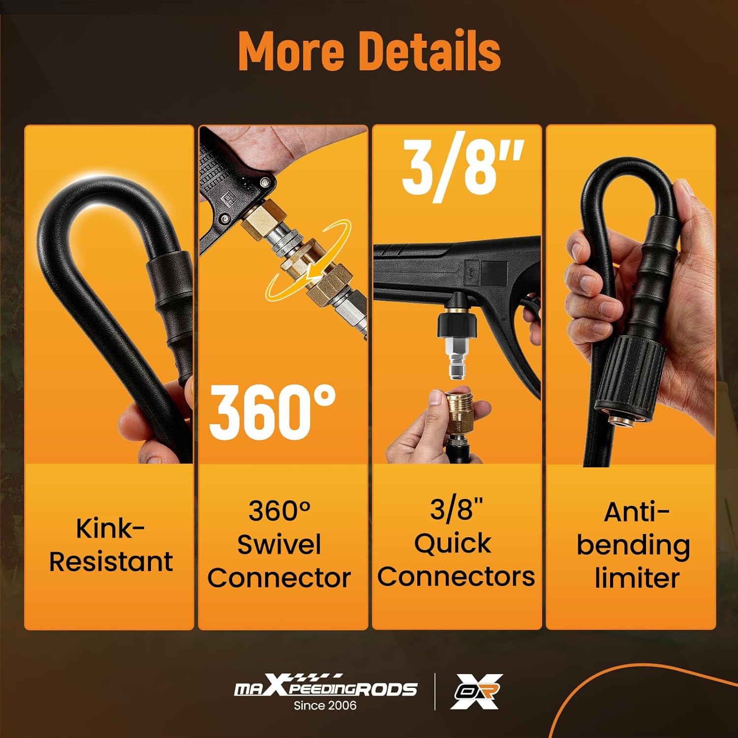 maXpeedingrods Pressure Washer Hose 200FT x 1/4", 4800PSI Kink Resistant High Tensile Wire Power Washer Hose, Replacement Hose Adapter Set with 2pcs M22-14mm to 3/8" Adapters for Professional Home