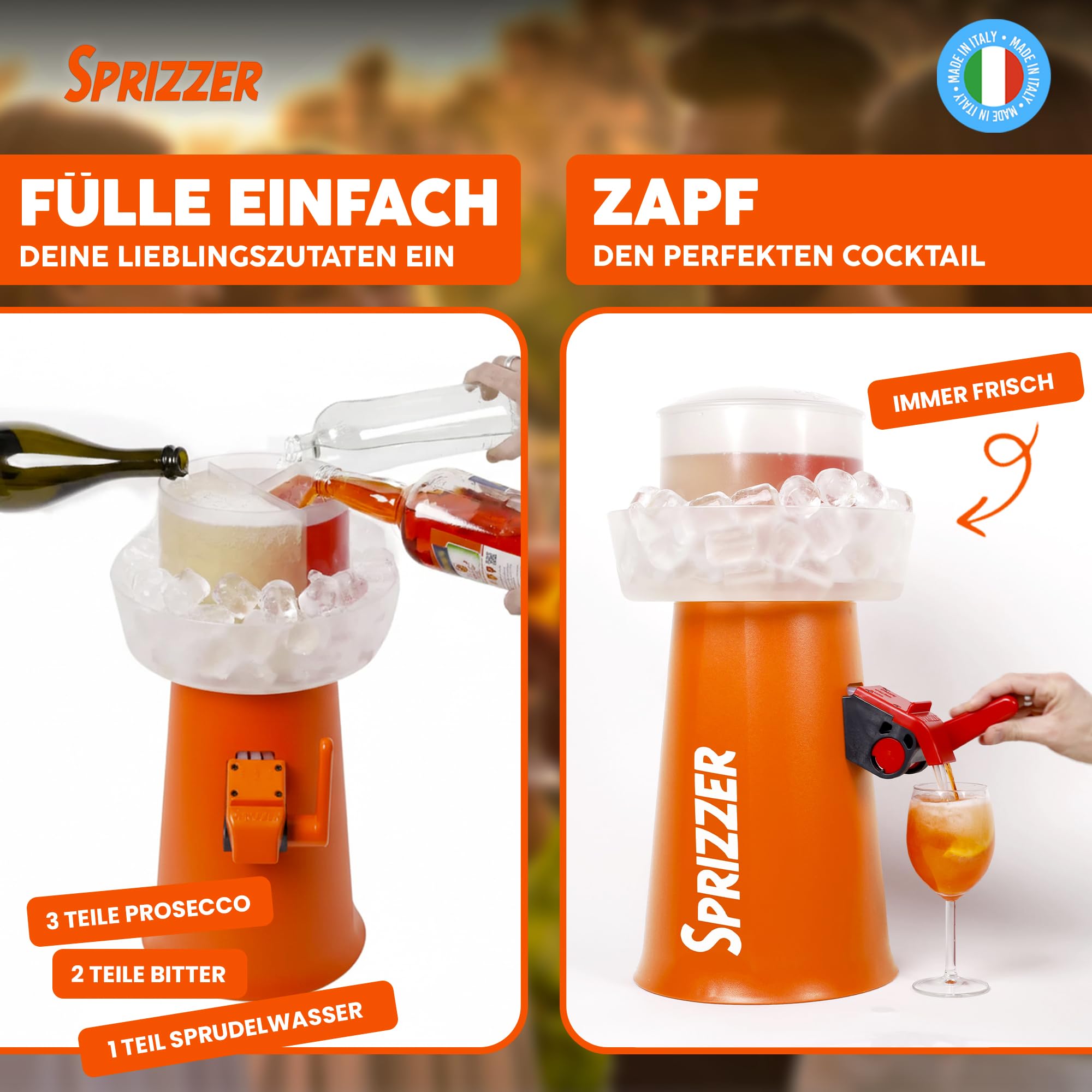 Aperol Spritz Maschine Dispenser Mischer mit Eisbehälter, Manuelle Abgabe, Orange, Made in Italy