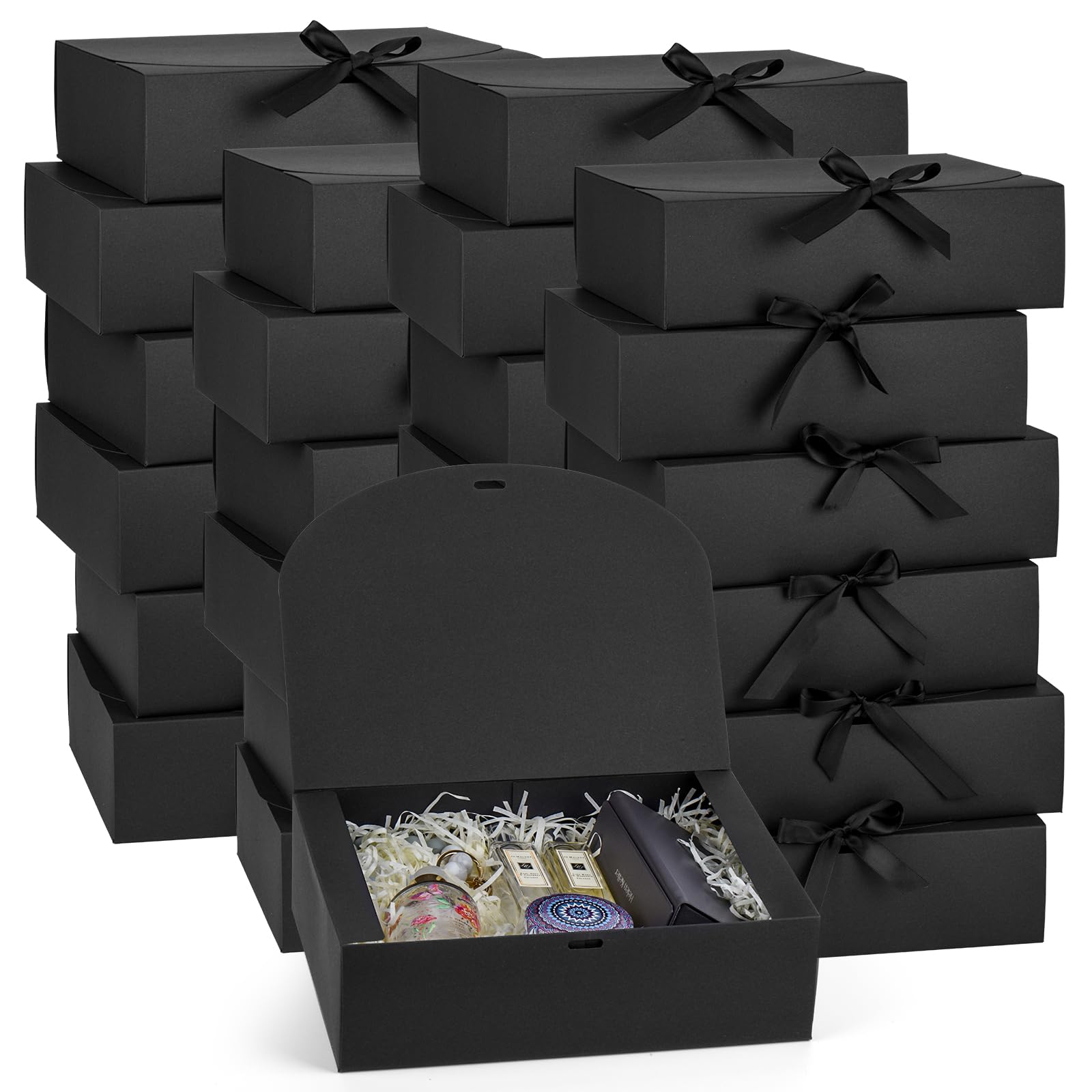 Confezione da 24 scatole regalo con coperchio, 26 x 20 x 8 cm, scatole regalo di lusso nere con nastro, per matrimoni, imballaggi, regali, compleanni (nero)