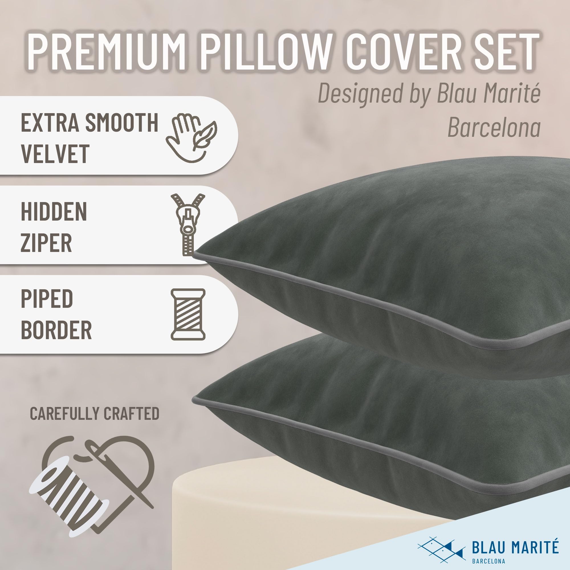 Blau Marité Set of 2 Velvet Throw Pillow Covers with Contrast Piping, Soft Decorative Cushion Covers, Deep Grey, 20"x20" (50x50 cm) - Image 2