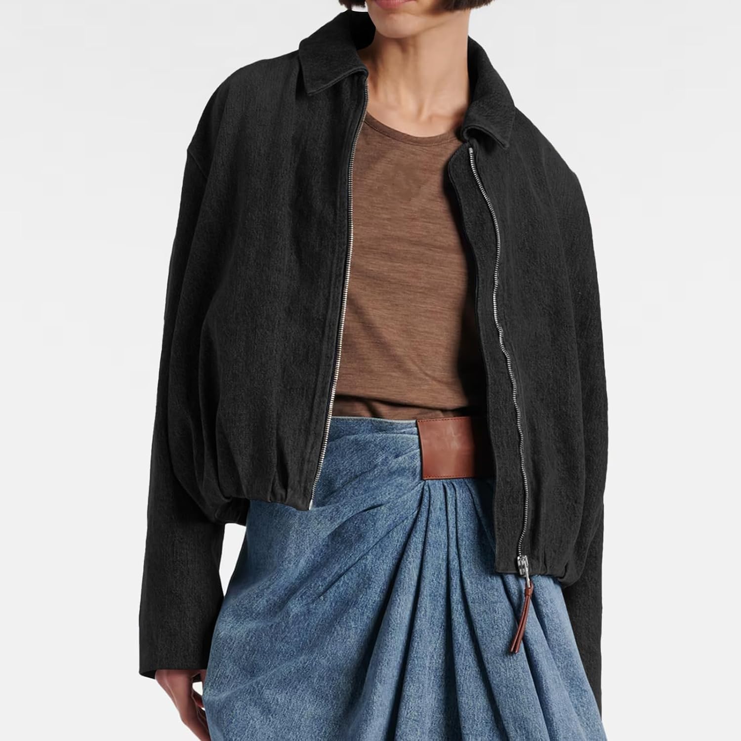 Women's Denim Bomber Jacket Zip Up Draped Loose Fit Collared Casual Lightweight Trendy Jean Jackets - Image 4