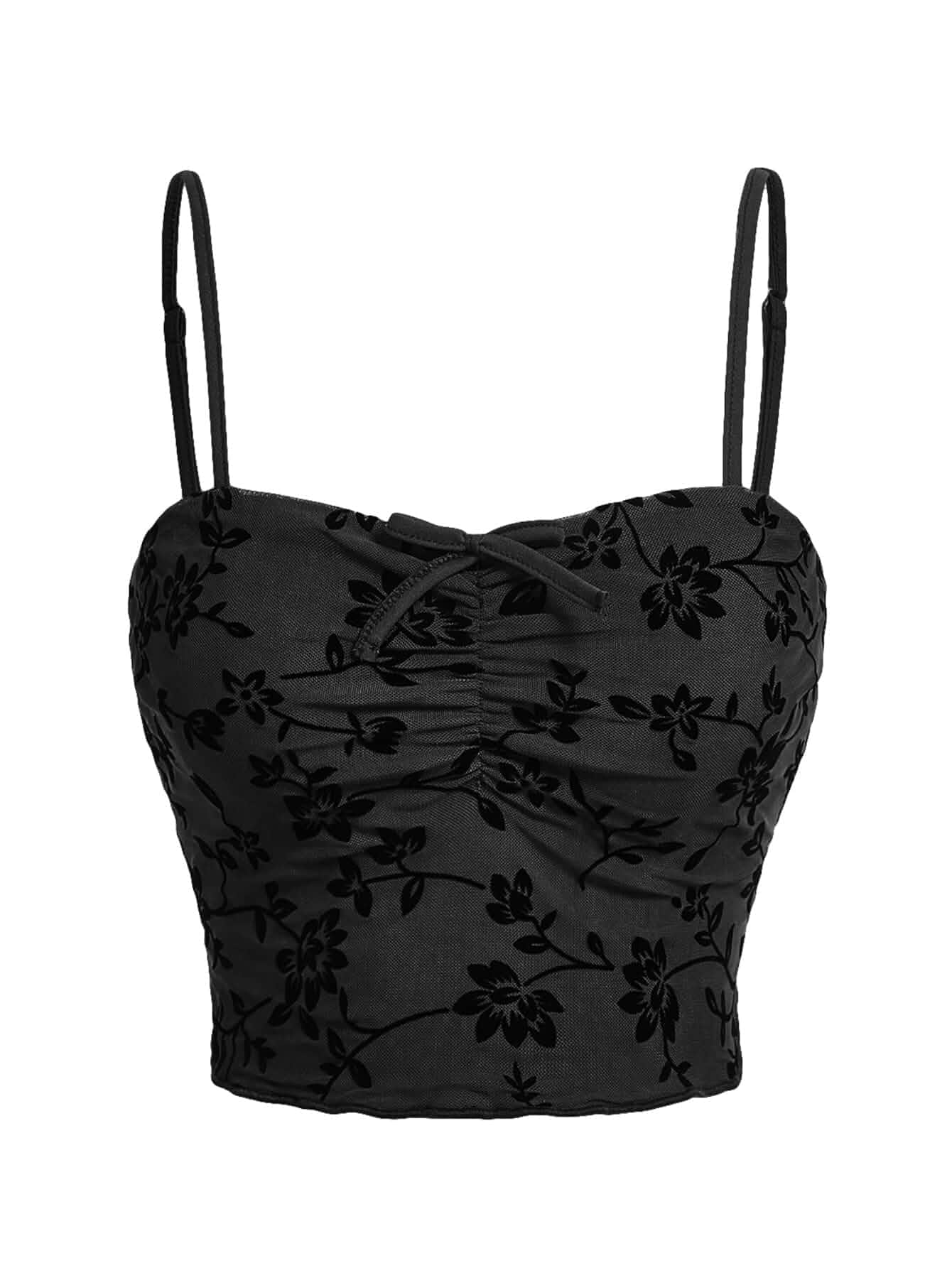 Verdusa Women's Y2k Crop Cami Top Summer Going Out Tops Goth Clothes Ruched, Floral, Mesh, Sleeveless, Emo Clothes, Concert Outfit, 2000s Outfits for Women
