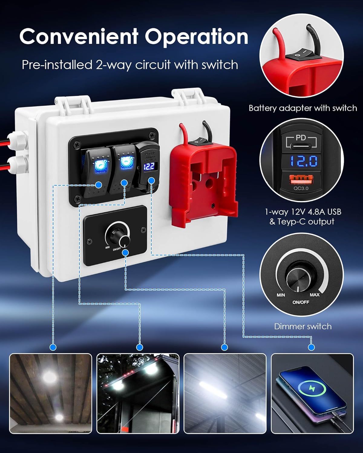 Power Distribution Box with Preset Dimming Circuit and Battery Adapter Fits for Milwaukee M18 18V Battery, Power Adapter Box with Dual USB Charger & Low Voltage Protection, for Truck Warehouse Trailer