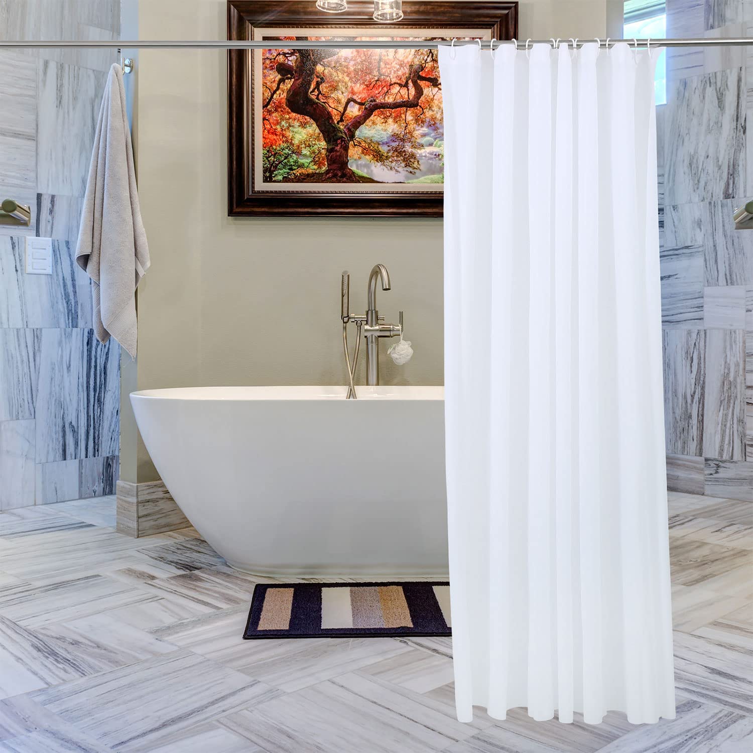 Trimming Shop Cortina de ducha con 12 ganchos, resistente al moho, cortina de baño lisa, 180 x 180 cm de largo, lavable, color blanco