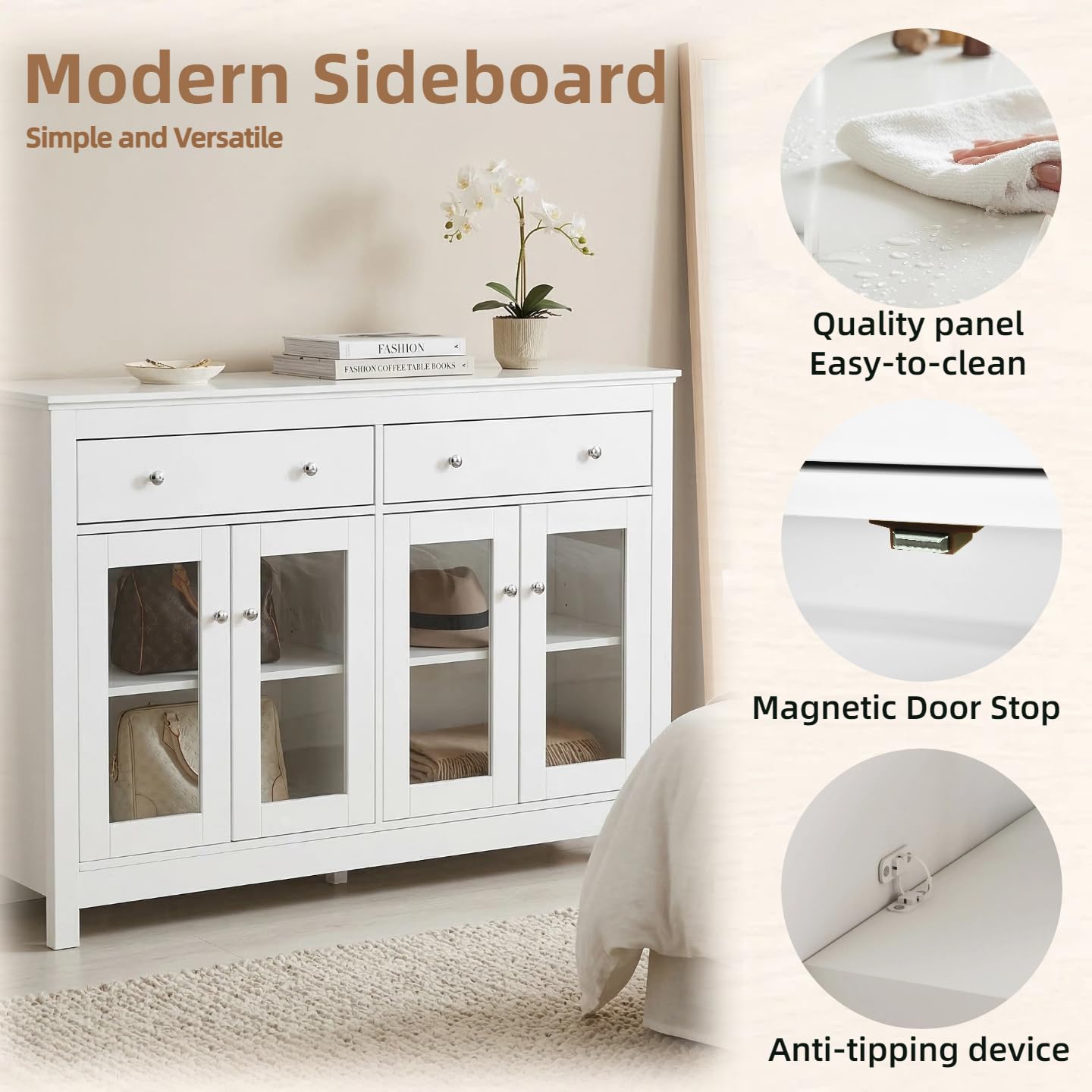 Sideboard,Küchenschrank mit Arbeitsplatte,Küchenommode mit 4 glastüren,2 Schubladen,Verstellbaren Regalen & Anti-Kipp-Set,für Küche Wohnzimmer Esszimmer,Buffetschrank 140x90x40cm,Weiß