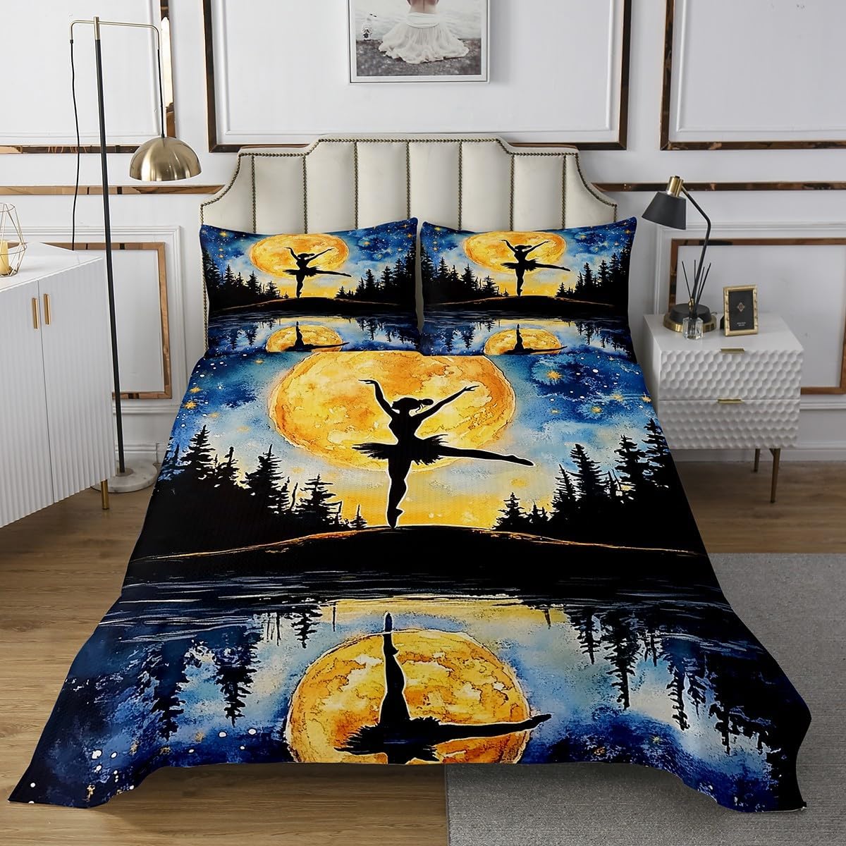 Gymnastics Girl Quilted Coverlet Gymnast Dancer Silhouette Bedspread Queen for Kids Teens Girls Artistic Musical Notes Decor Bedding Set Cheerleading Sports Bedroom Coverlet Sets 3 Pieces