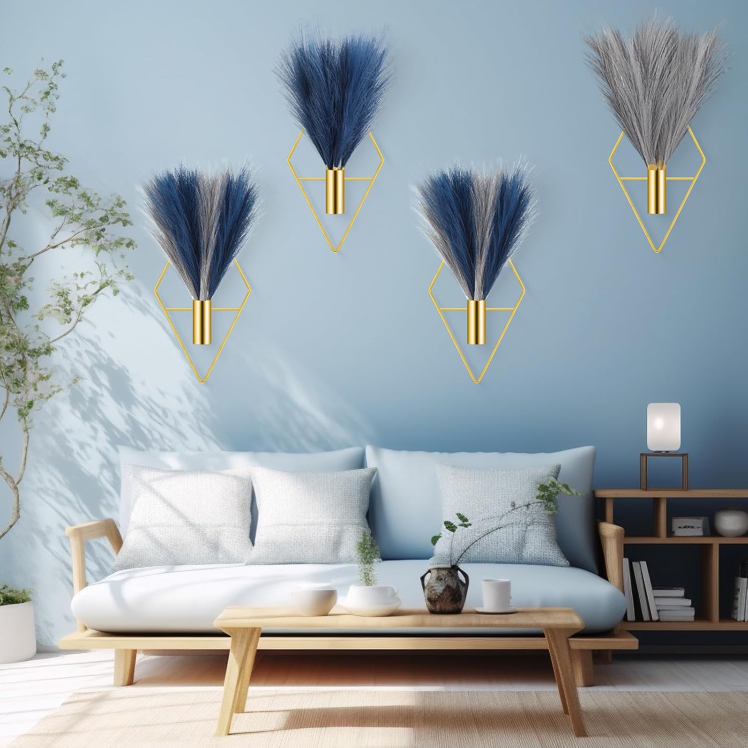 Hanaive 4 Sets Boho Gold Wall Decor Metal Wall Art Hanging Planters with Artificial Pampas Display Art Modern Home Metal Vase for Bedroom Living Room Home Office(Gold, Blue, Light Gray)