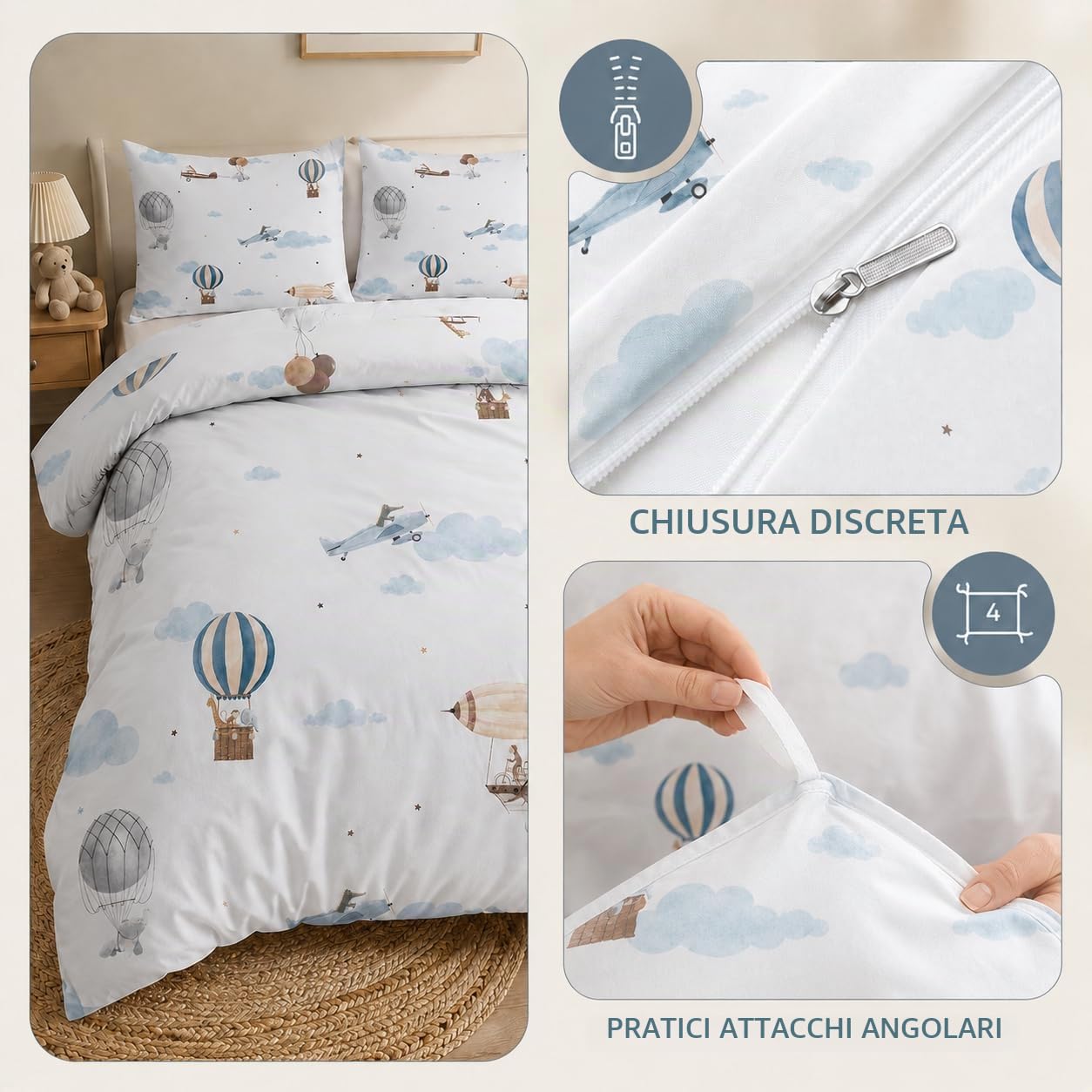 Mongolfiera Copripiumino Una Piazza e Mezza Aereo Set Biancheria da Letto in Microfibra di 3 Pezzi, 1 Parure Copri Piumone 200x200 con 2 Federe 50x80 cm con Cerniera