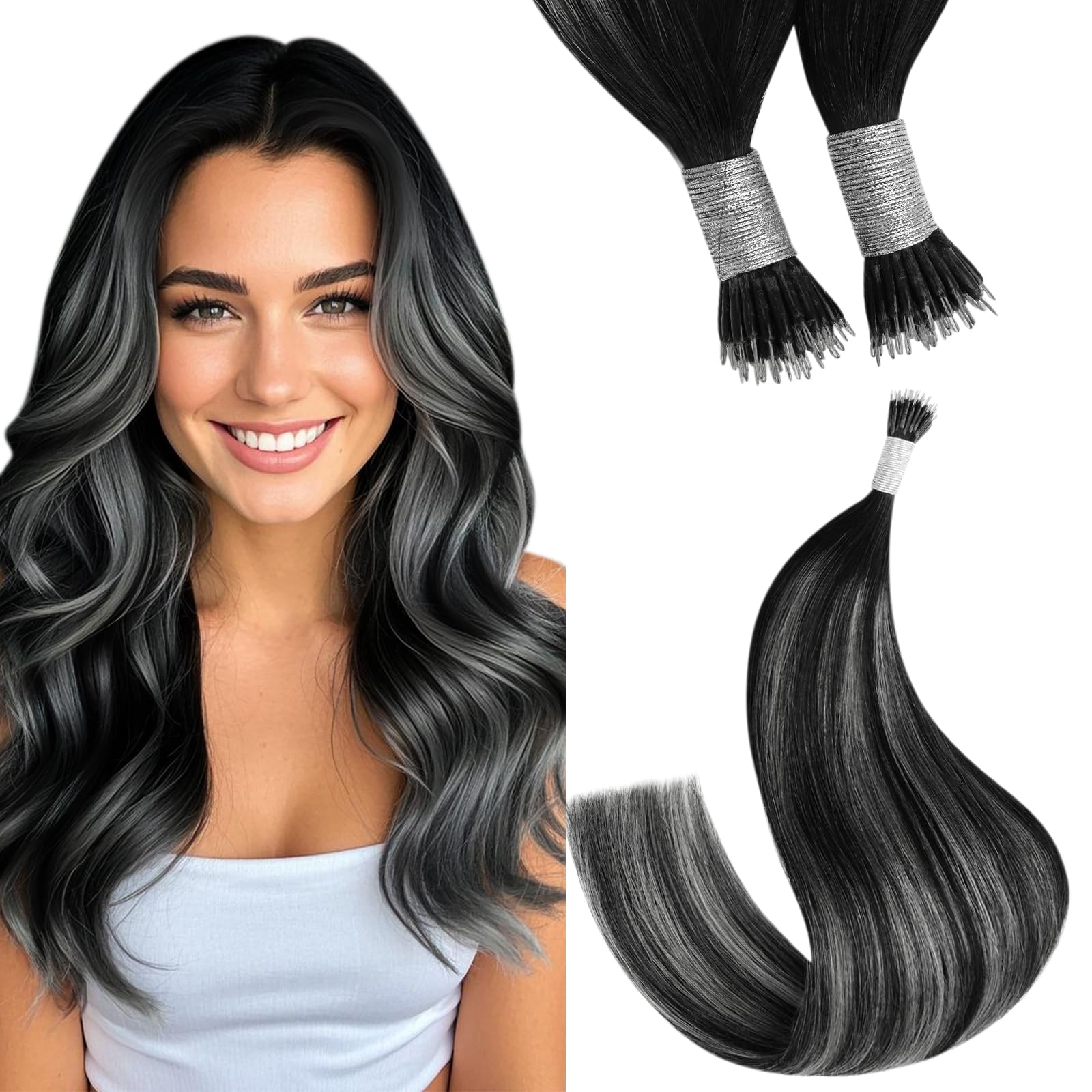 YoungSee Nanoring Extensions Echthaar Schwarz Balayage 55cm Nanoring Extensions Schwarz Mit Silber Glatt Nano Extensions Echthaar Remy Nano Ringe Haare 50g 1B/S/1B