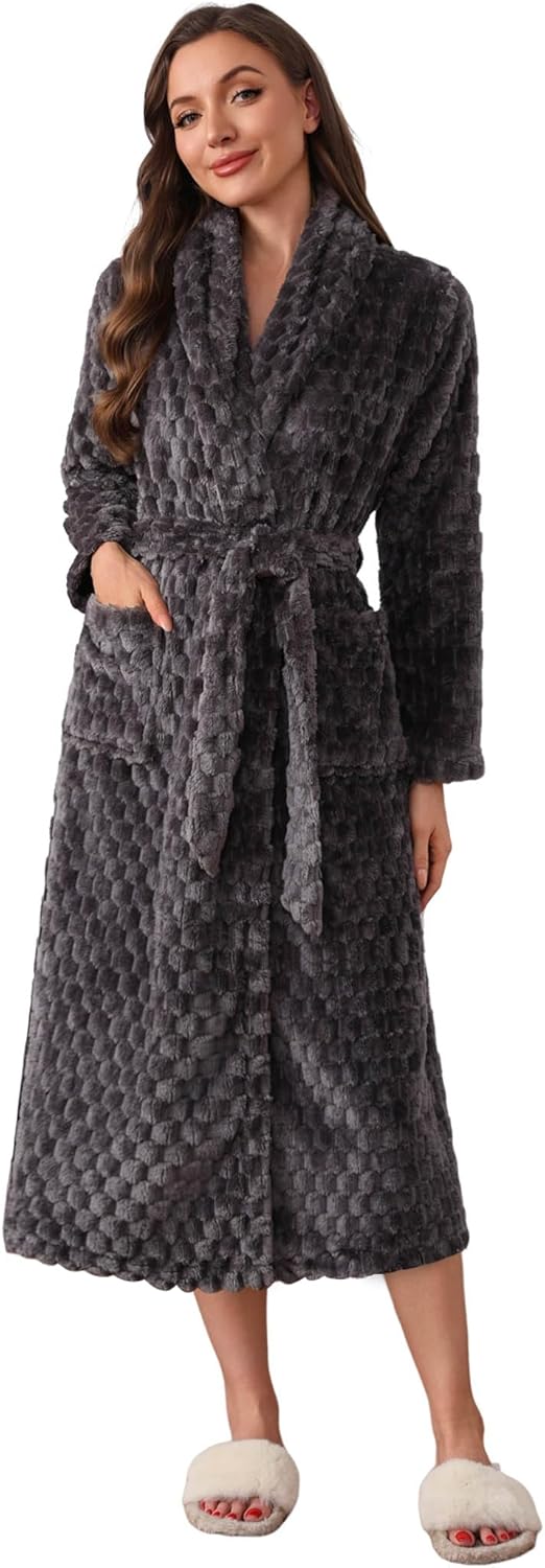 Ekouaer Women's Robe Long Plush Soft Bathrobe Jacquard Color Block Robes Shawl Collar Sleepwear with Pockets S-XXL