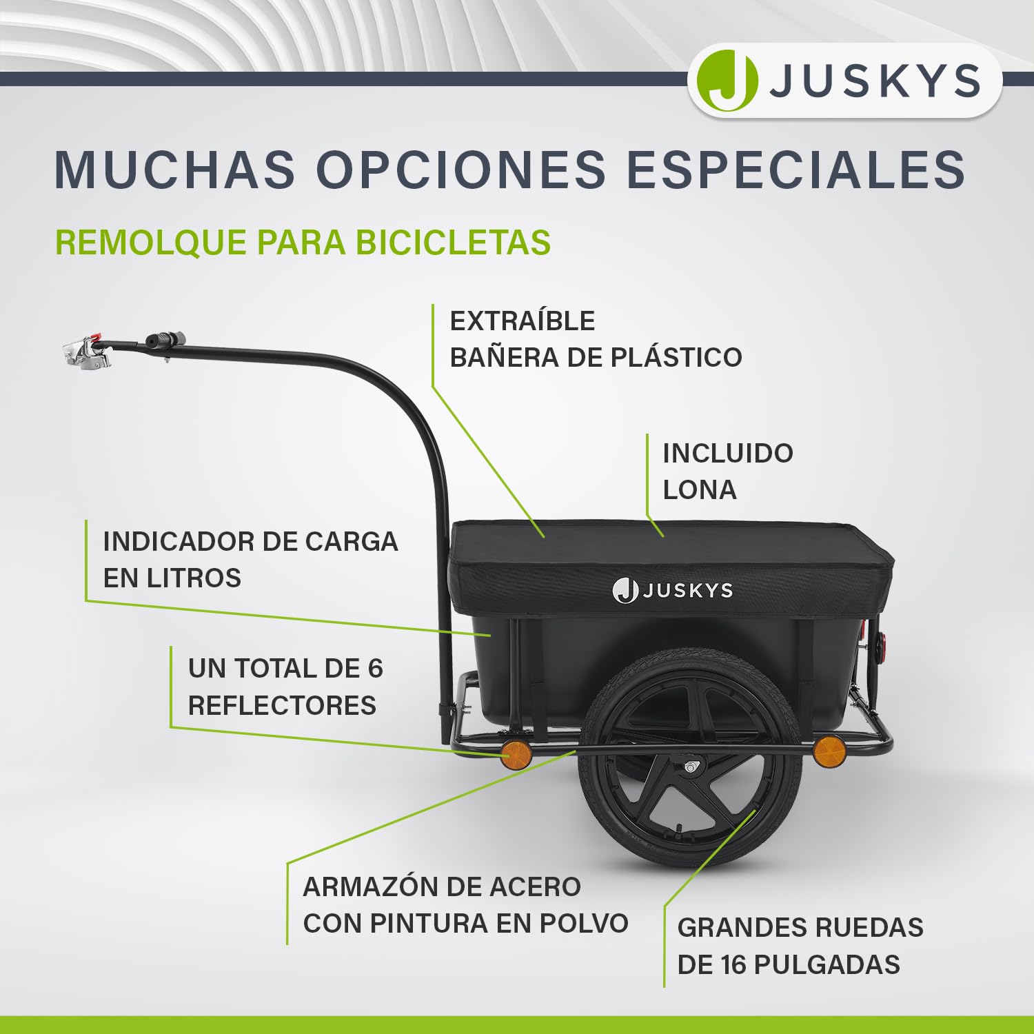 Juskys Remolque para Bicicleta 90 litros - Remolque de Carga con Enganche, Barra de tracción - Remolque para Bicicleta 40/80 kg de Carga útil - Remolque de Transporte con Lona Protectora