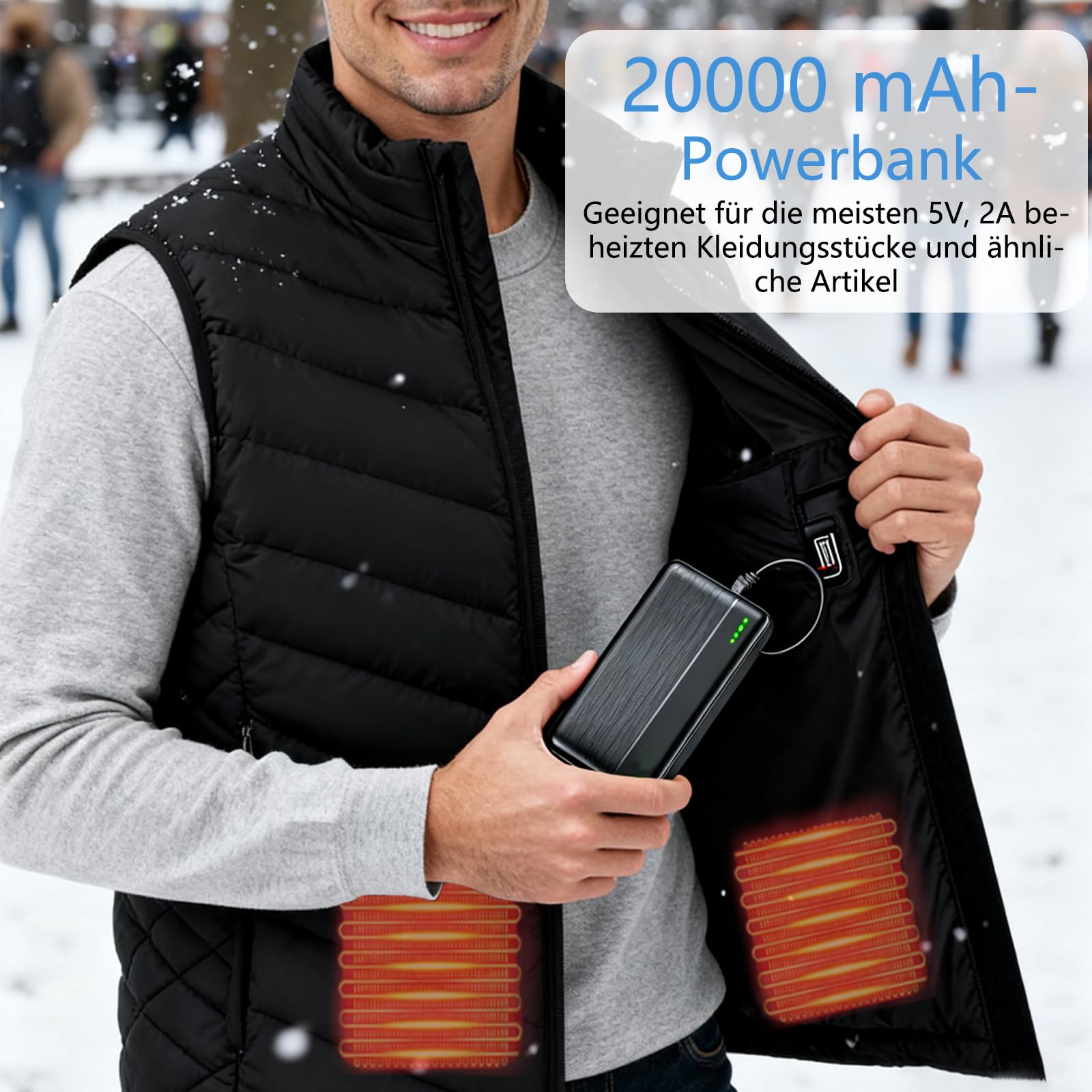 Ahigh Batteria da 20000 mAh, batteria esterna da 5 V per gilet riscaldato, giacca, cappotto, pantaloni e biancheria intima riscaldata, batteria di ricambio per abbigliamento riscaldato