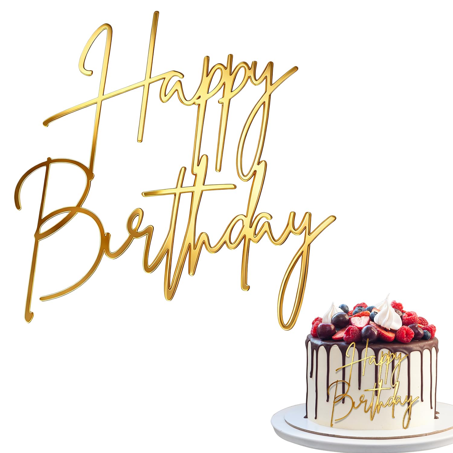 Gold Happy birthday Cake Topper, Happy-Birthday Sign Acrylic Cake Side Decoration for Women, Girls, Men, Boys (Style 2)