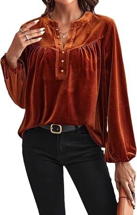 Womens Elegant Gold Flame Lantern Sleeve Velvet Top with Beaded Split V Neck