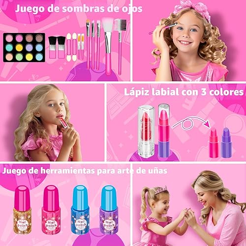 Miniatura 3 de Hollyhi Kit de maquillaje infantil de 58 piezas para niña, juguetes de princesa, juego de cosméticos lavables reales con espejo, juegos de