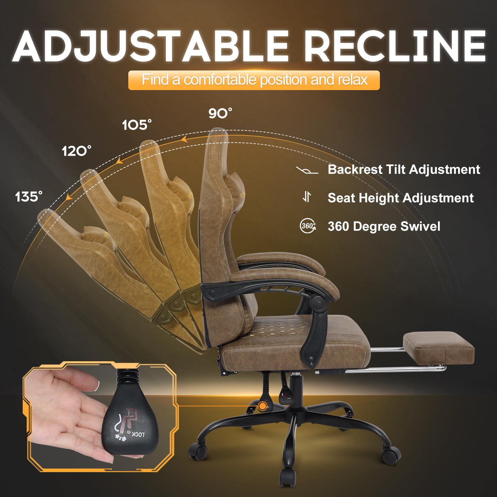 Vittanly Sedia da gioco con cuscino primaverile, ergonomica, per gaming, con poggiatesta, cuscino lombare e poggiapiedi, regolabile in altezza, sedia da gioco, sedia da ufficio, 150 kg, marrone