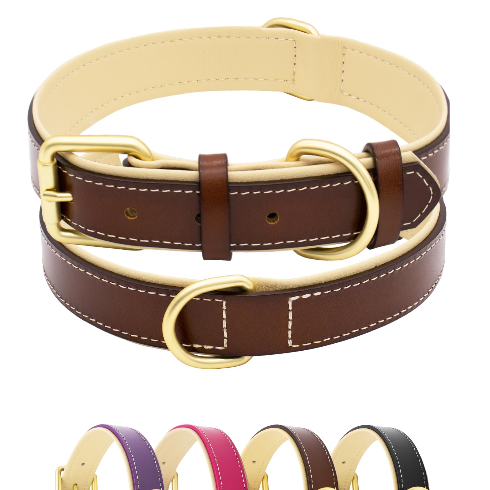 Furry friends Collar de perro de piel, resistente, collar de cuero auténtico, acolchado suave, para perros grandes, medianos y pequeños (marrón, L-47-57 cm)