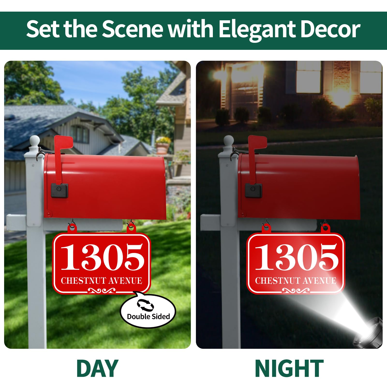 Hanging Address Plaque Sign – 10" X 7" Personalized Double-Sided House Number Sign For Mailbox, Lamp Post, Light Post, Outdoor Use