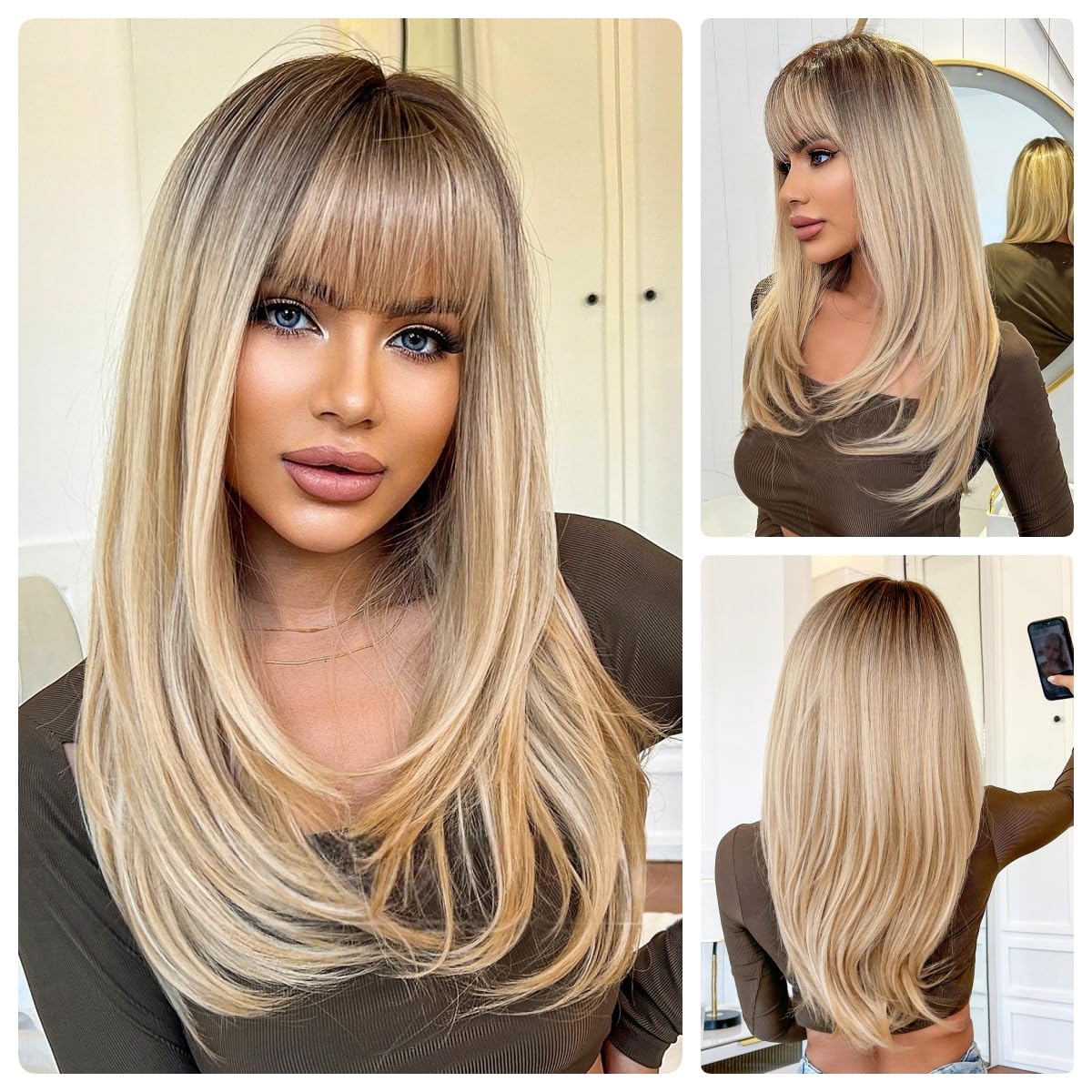 Human Hair Wigs for Women Layered Blonde Straight with Bangs Glueless Lightweight Natural Daily Wear Party Cosplay (Blonde,Long) Blonde Long