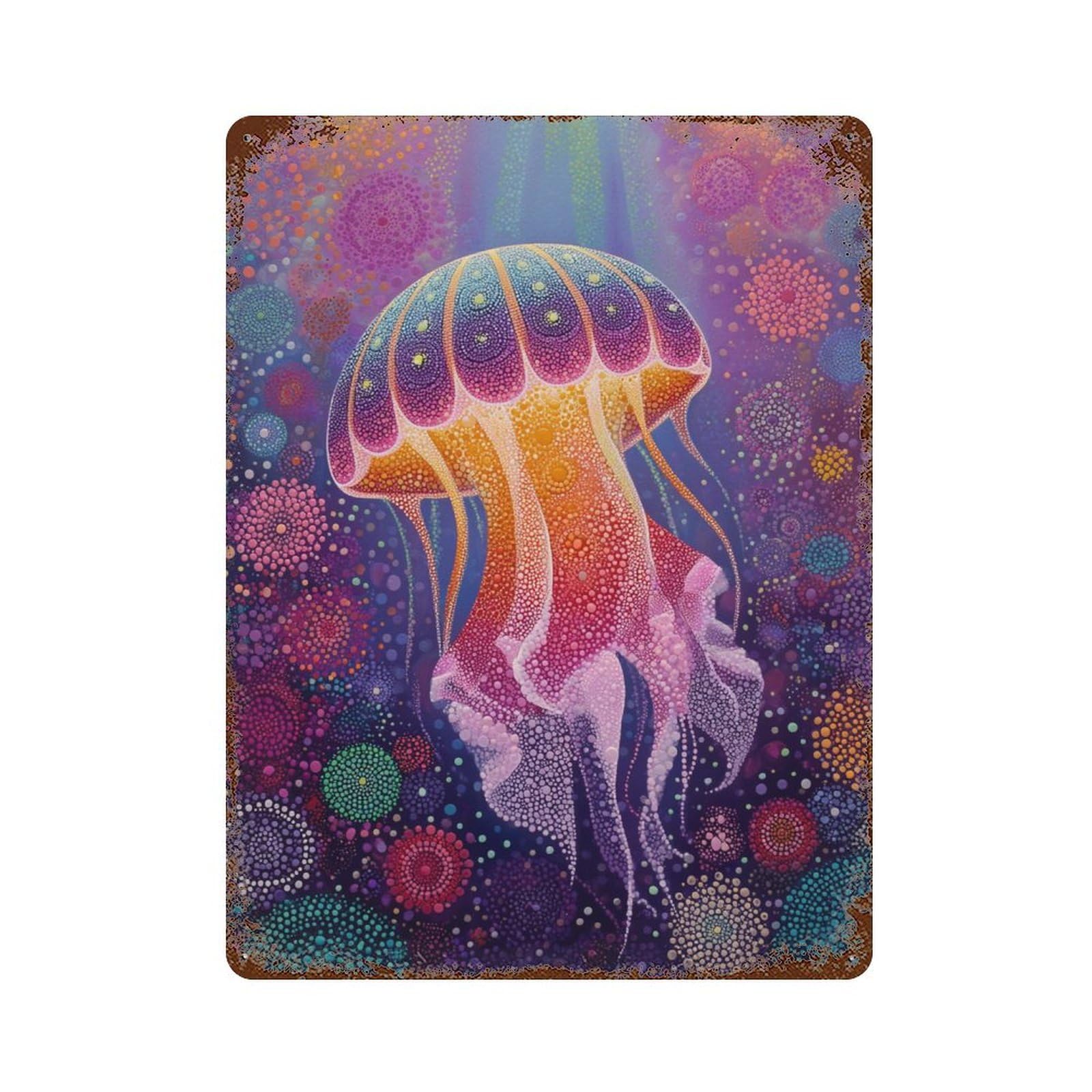 Vintage Rust Metal Sign Colorful Jellyfish Art Print-3 15.7"x11.8", Decorative Metal Wall Art for Basement, Hobby Room And Garage Decor