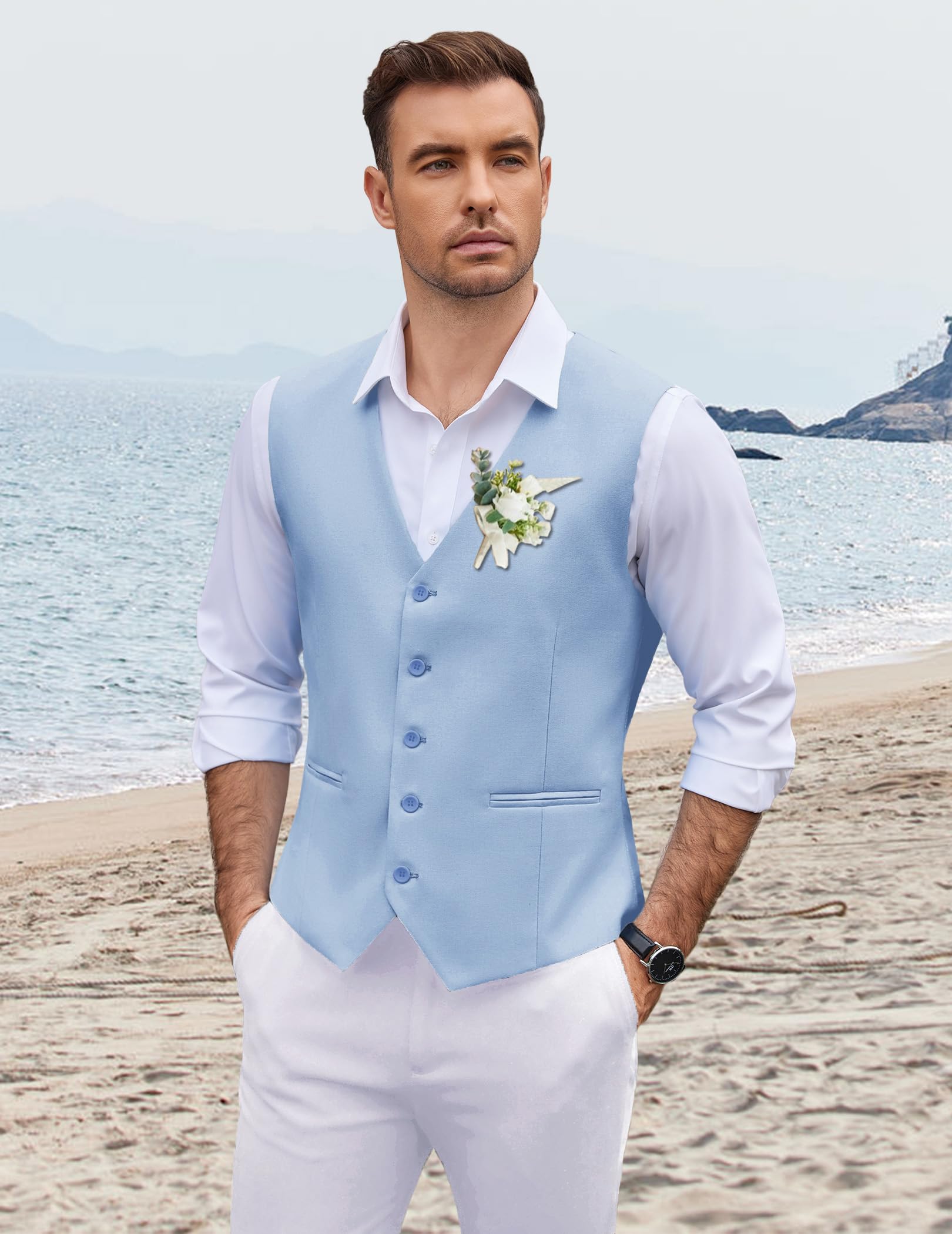 COOFANDY Gilet da uomo in lino, casual, vestibilità aderente, per matrimonio, lavoro, ballo di fine anno