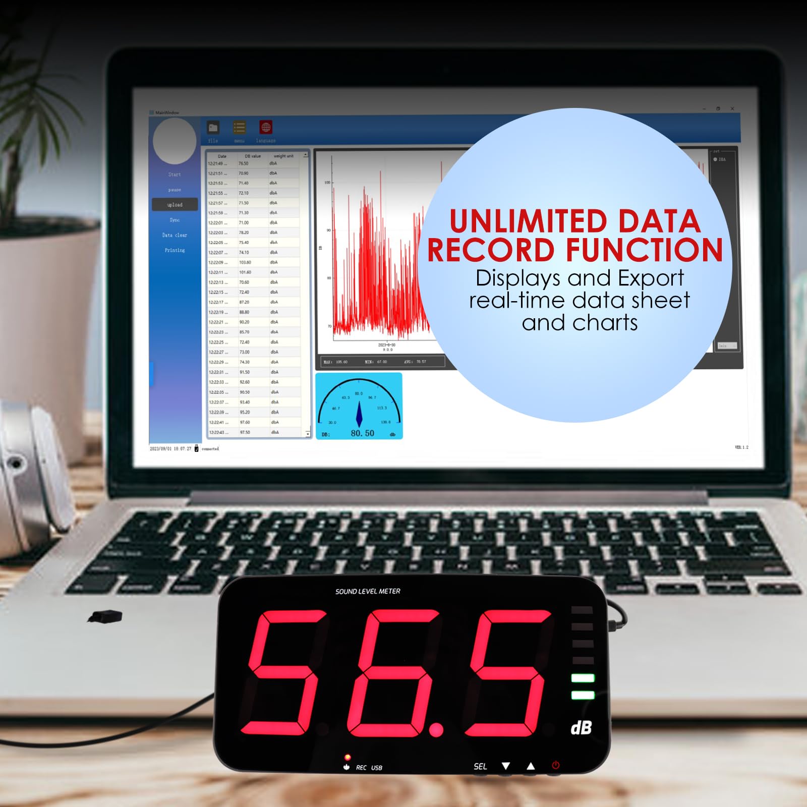 Medidor de Nivel de Sonido Digital de 30 a 130 dB, Medidor de Decibelios para Medir Ruidos, Pantalla Ancha HD de 13 Pulgadas Montada en la Pared con Función de Registro de Datos y Alarma de Ruido