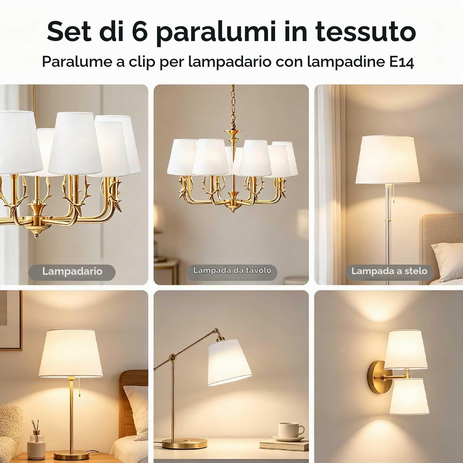 Paralume in tessuto a barilotto di fattoria, 6 Pezzi Moderno E14 Clip su Paralumi Lampadario per Candela Lampadario