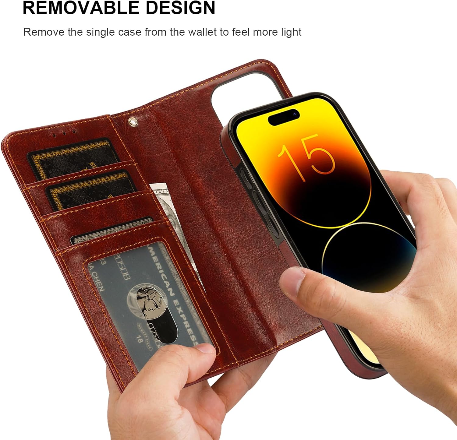 Bocasal Detachable Wallet Case for iPhone 15 Pro RFID Blocking Card Slots Holder Premium PU Leather Magnetic Kickstand Shockproof Wrist Strap Removable Flip Protective Cover 5G 6.1 inch (Brown) - Image 3