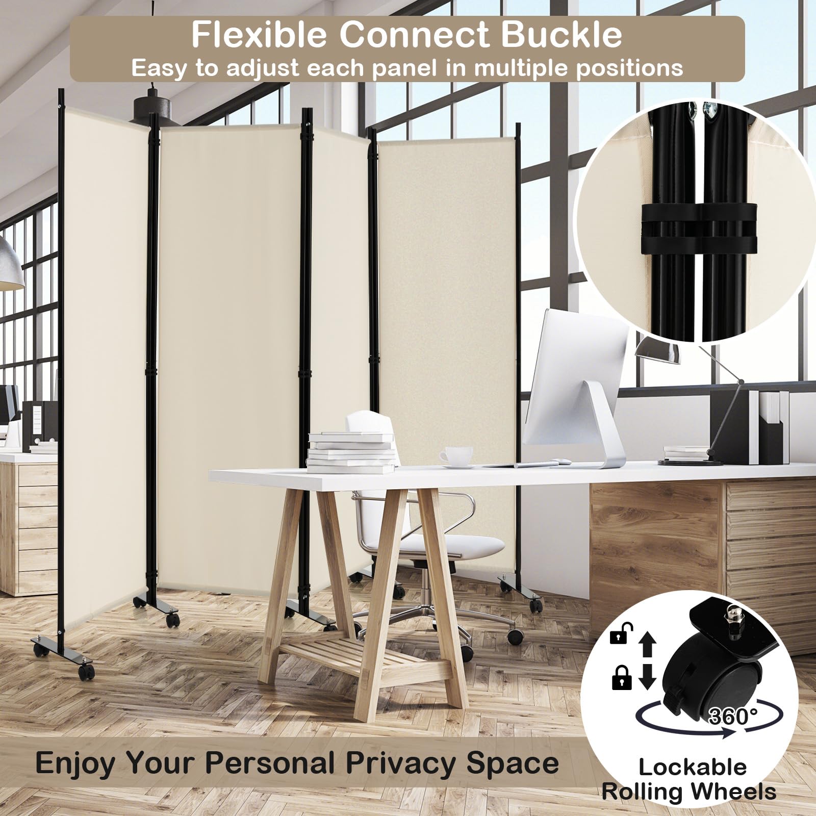 LIFEZEAL Divisorio a 4 Pannelli, Separè per Interno, Esterno, Paravento Mobile, Pieghevole, Parete Divisoria, Telaio in Metallo, con 10 Ruote, Protezione di Privacy, Separatore di Spazio (beige)