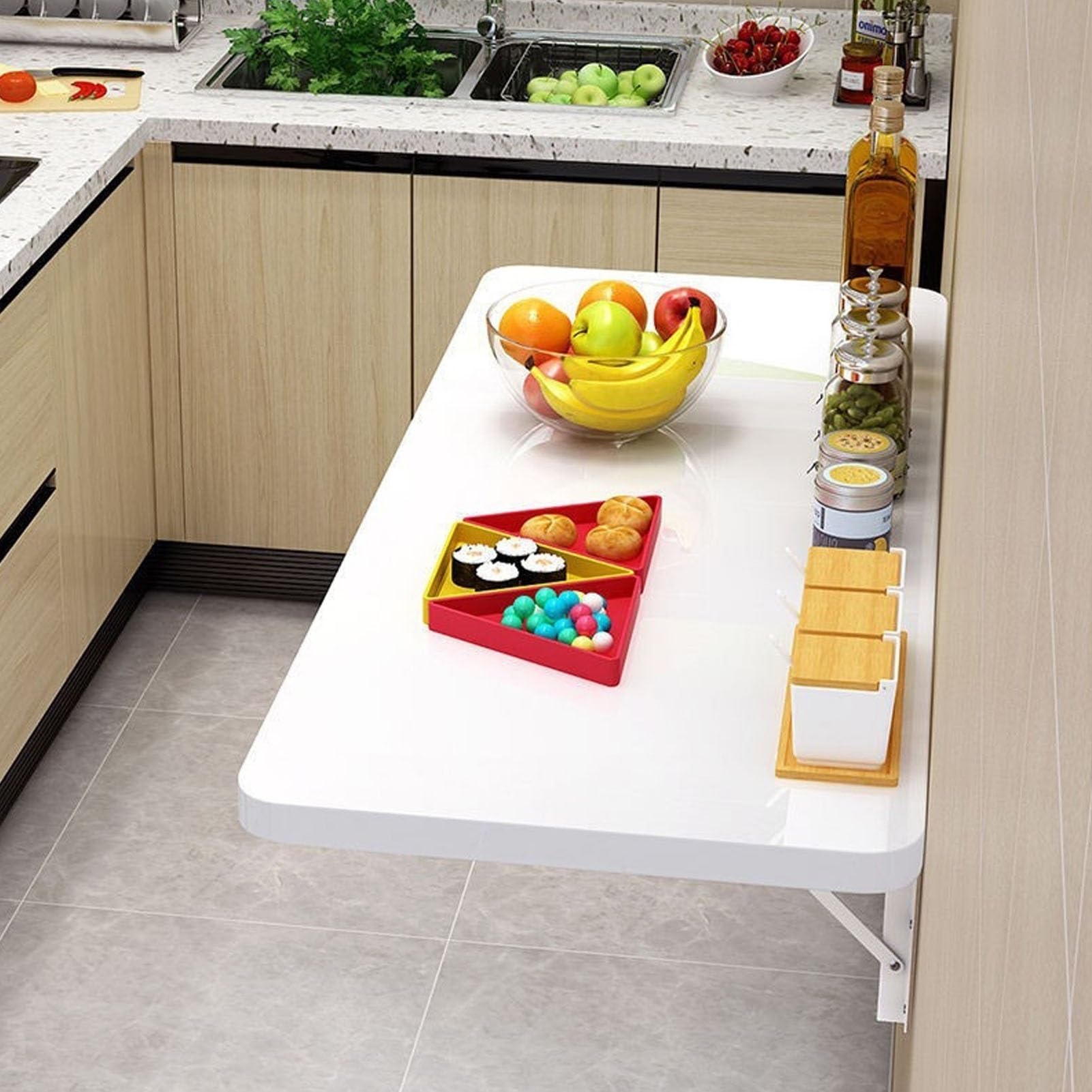 An der Wand montierter, klappbarer Esstisch mit Klappblatt für kleine Räume. Herunterklappbarer Laptop-Hängetisch mit Halterungen, weiß, ideal für Büroküchen und kleine Räume (Größe: L 40 x