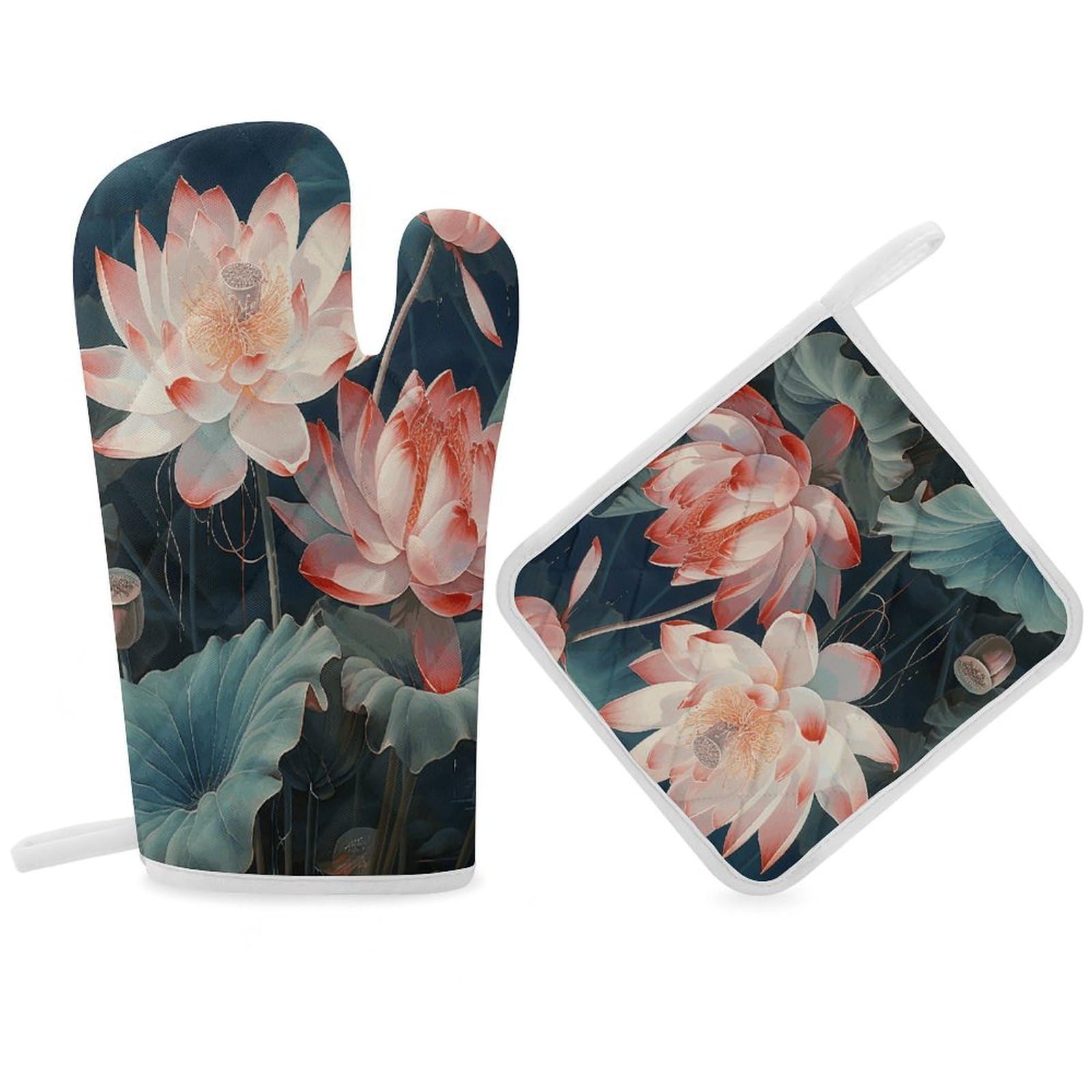 Fodpand Women's Style Dragonfly And Lotus Oven Mitts And Pot Holders Sets,Oven Gloves For Kitchen Oven Mitts And Potholders For Baking Cooking Grilling Apartment Essentials