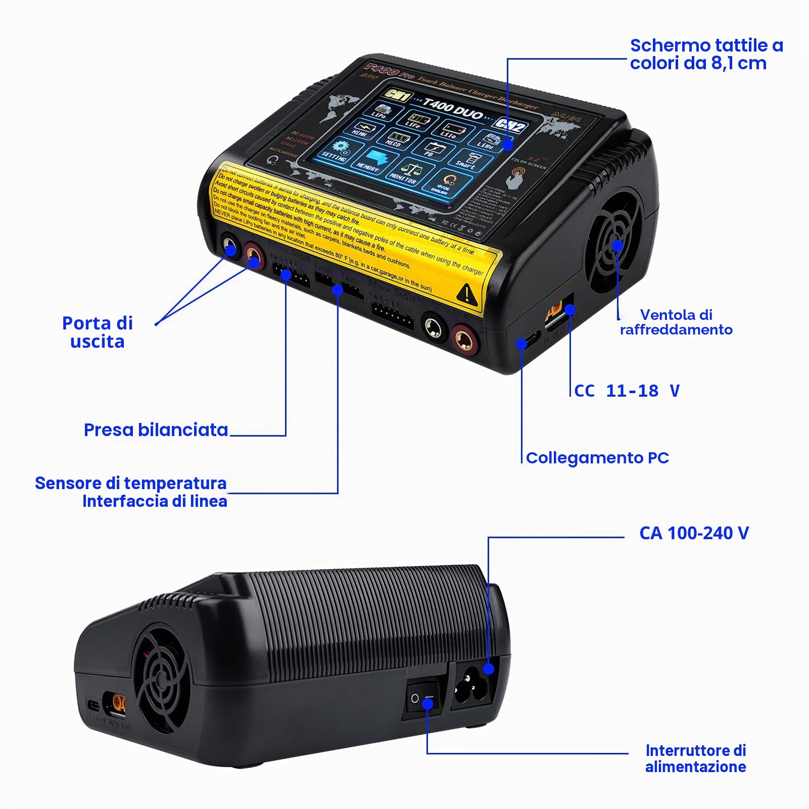 BuyWeek T400 PRO RC Caricabatterie Bilanciamento AC200W/DC400W 12A carica batteria per auto 3,2 pollici touch screen caricabatterie litio alta precisione per LiPo/Lilon/LiFe/NiMH/NiCd/PB/NiMH
