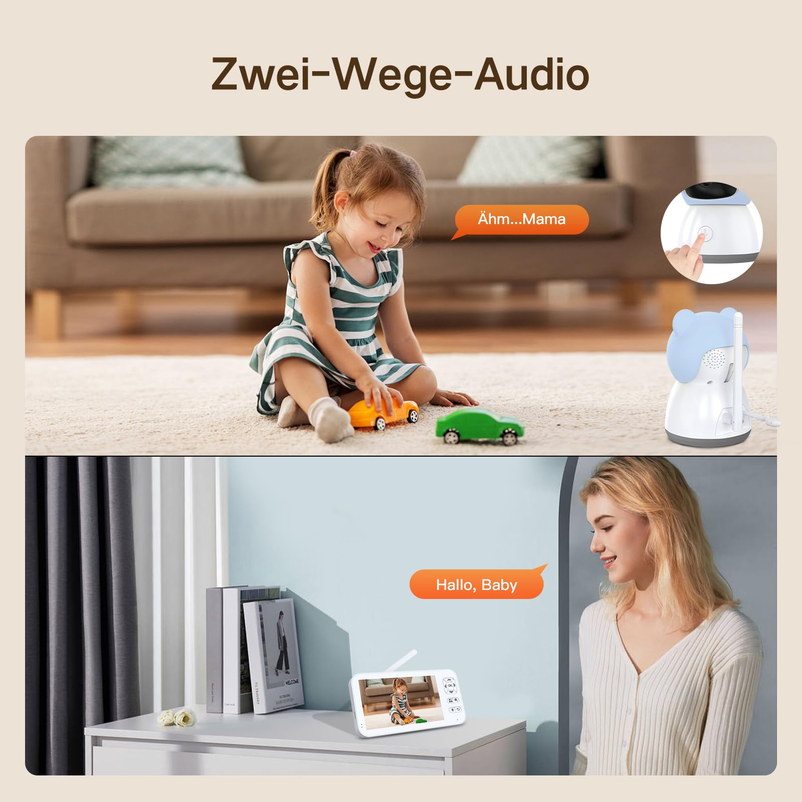 Babyphone mit Kamera 2K/3MP, 5" WLAN Video Babyfon mit App, PTZ 360 Grad Bewegungsverfolgung, IR-Nachtsicht, Weinen/Bewegungs/Geräuscherkennung, Temperaturerkennung, App Steuerung