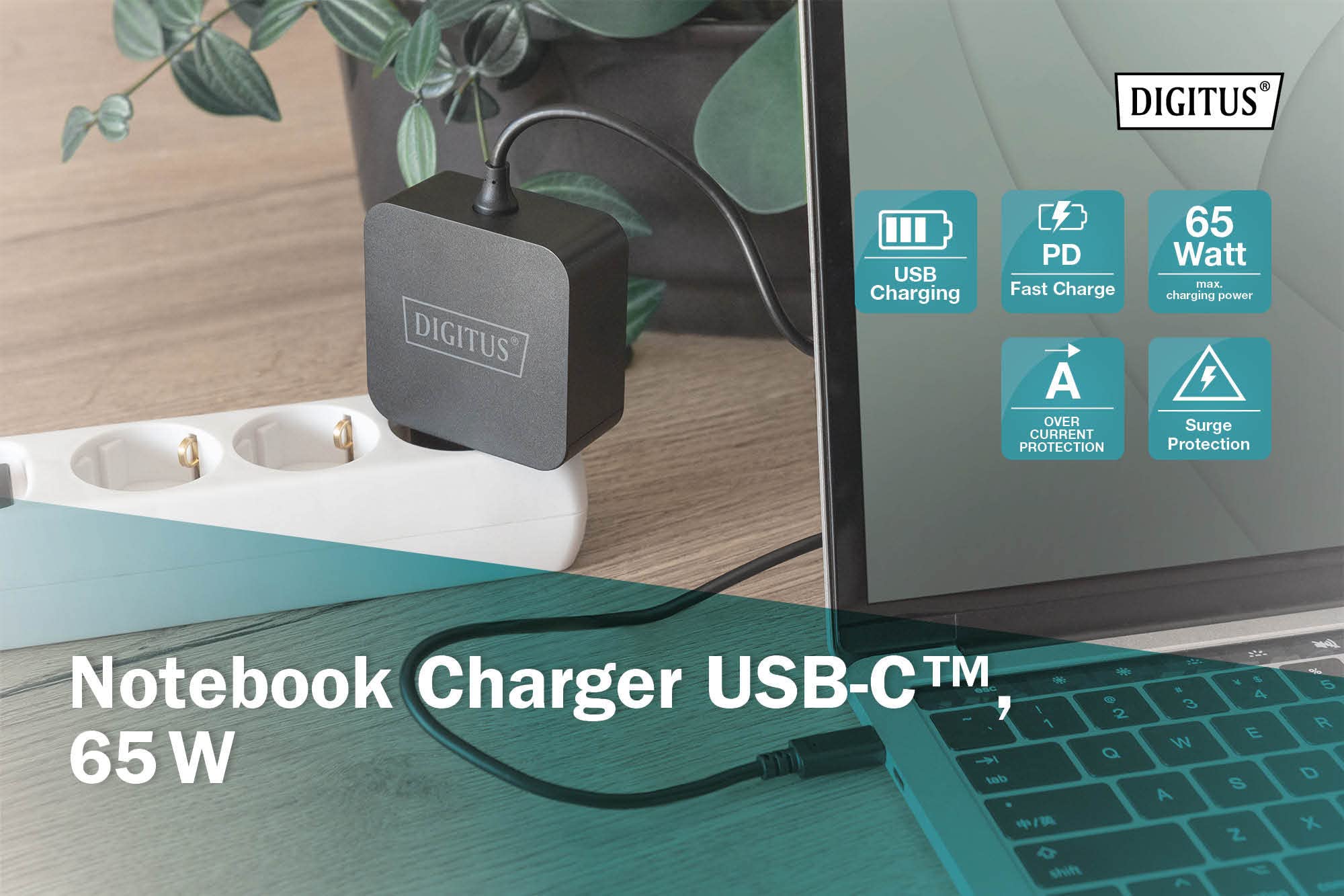 DIGITUS Ładowarka 65 W - Z kablem do ładowania USB-C - Fast Charger Power Delivery (PD 3.0) - Do MacBook Pro/Air, Lenovo, ThinkPad, HP, Dell, ASUS, Acer & Urządzenia mobilne - Czarny