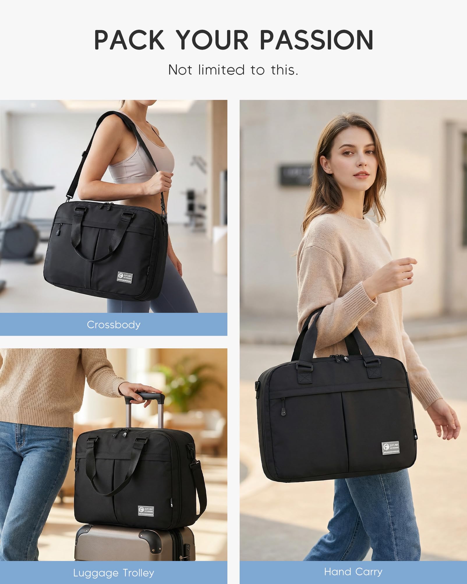 6x13x17 inch Personal Item Bag 180° Wide Open 43x33x15cm Carry on Duffel Bag with Laptop/Wet Pocket Flight Approved Weekender Overnight Bag, Black — view 6