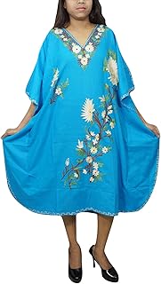 Mogul Interior Women Caftan Maxi Dress Embellished Blue Kimono Kaftan One Size