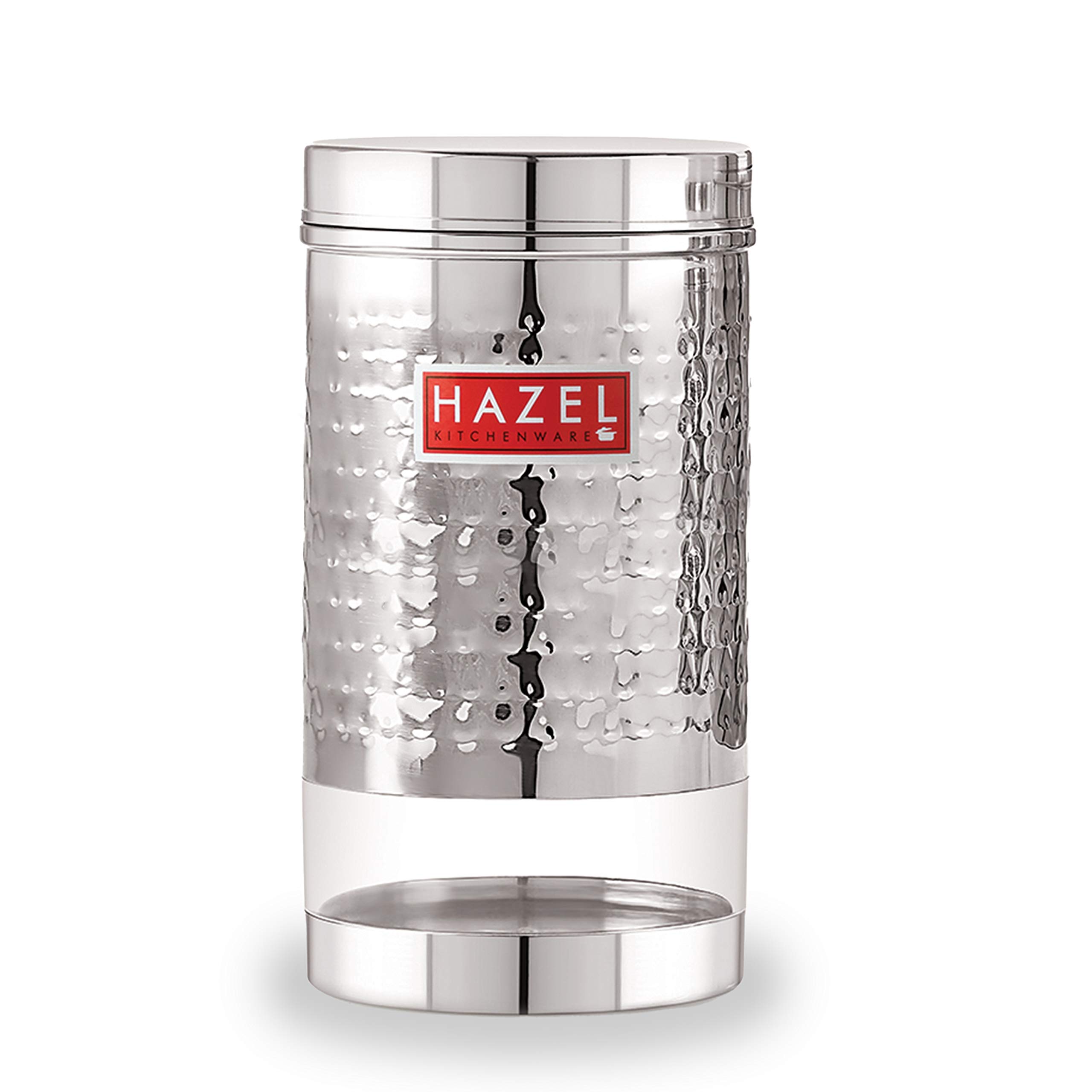 HAZEL Recipiente de acero inoxidable para almacenamiento de cocina, acabado martillado, transparente, brillante, tarro de almacenamiento Dabba, juego de 1, 1200 ml, plateado