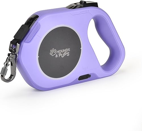 Hounds & Pups - Correa retráctil para perro, 15 pies de longitud, luz LED para paseos nocturnos (morado)