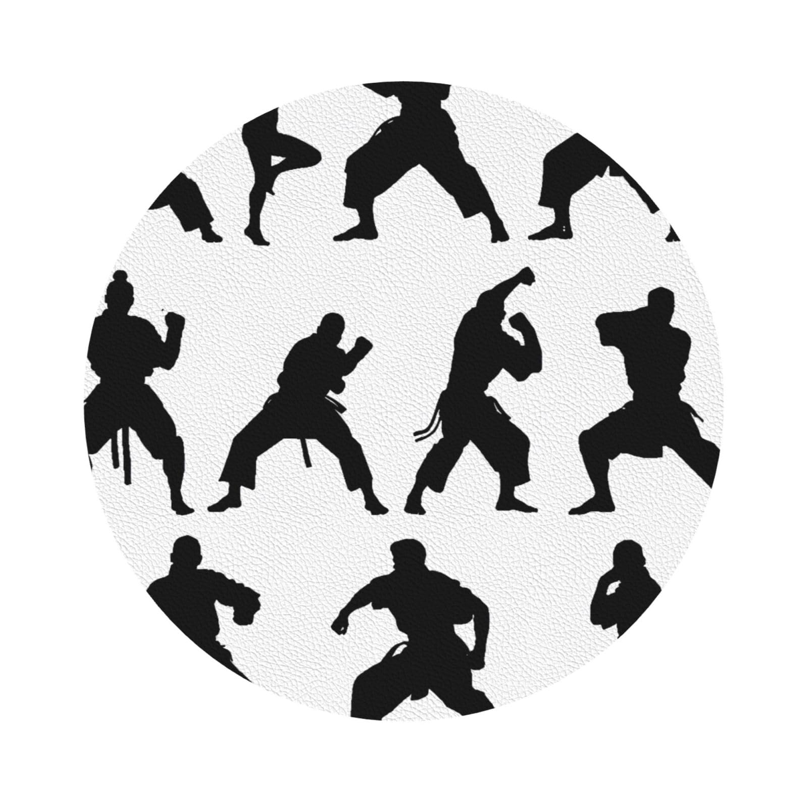 Silhouettes of Martial Arts Print Leather Coaster Set of 6, Round Shape Coasters Table Decorative Coffee Cup Beverage Coasters Wine Beer Bar Coasters for Hot Drinks Table Protection