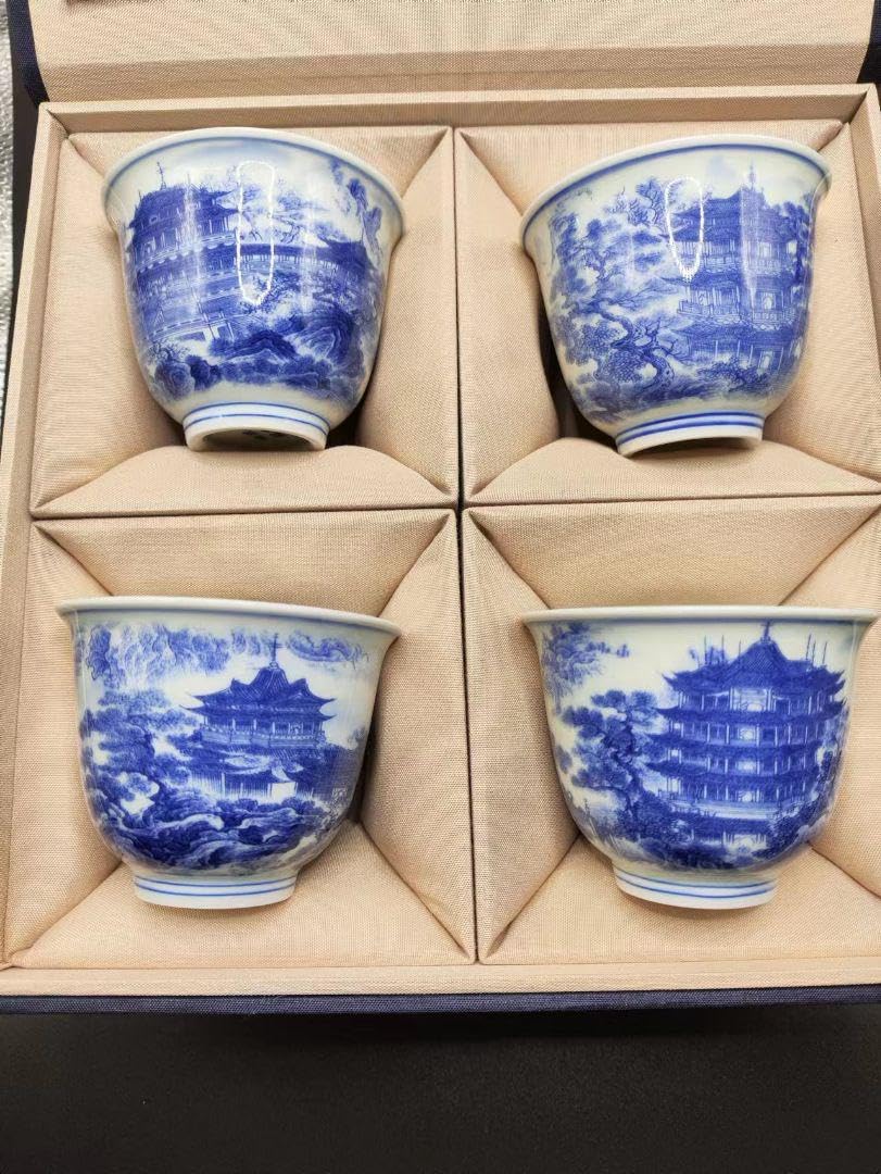 Amazon.co.jp: 中国四大名楼茶碗 4点セット 景徳鎮 茶器 茶道具 陶磁器