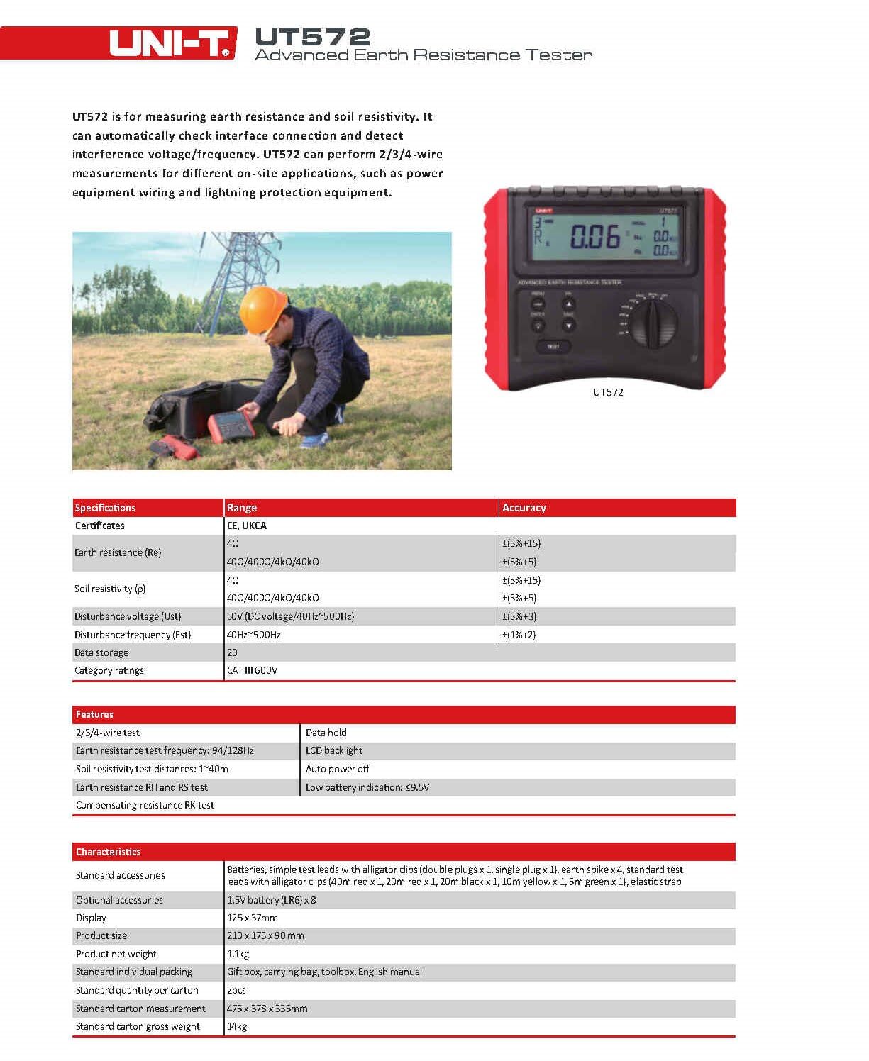 UNI-T UT572 Advance Earth Reistance Tester Ground Resistance Test/Soil Resistivity Test Data Storage LCD Backlight