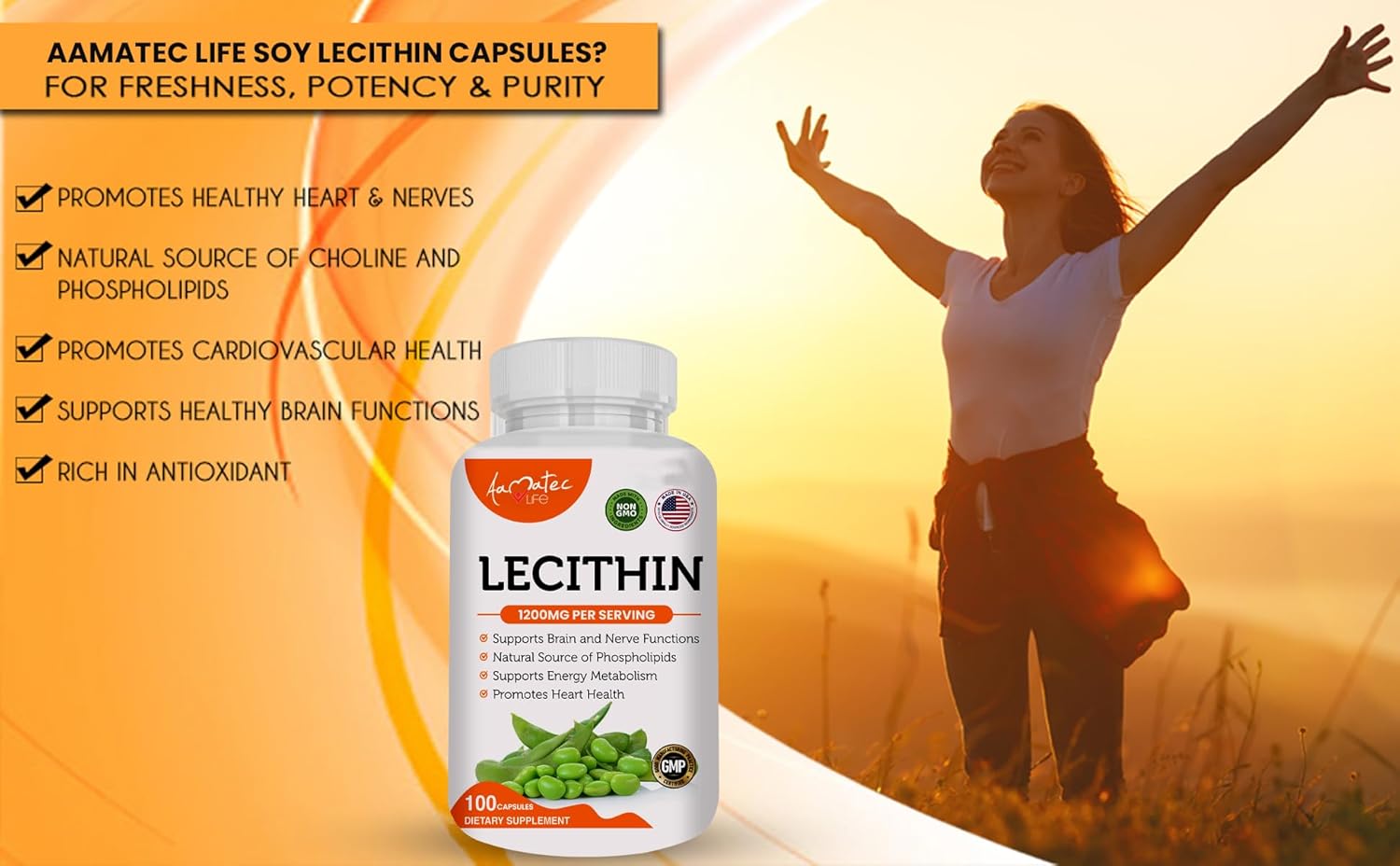 Soy Lecithin 1200mg Capsules Supplement for Heart, Liver & Brain Health – Supports Immune System, Brain Function & Metabolism - Non-GMO & Made in The USA- 100 Capsules / 1200mg - Image 3