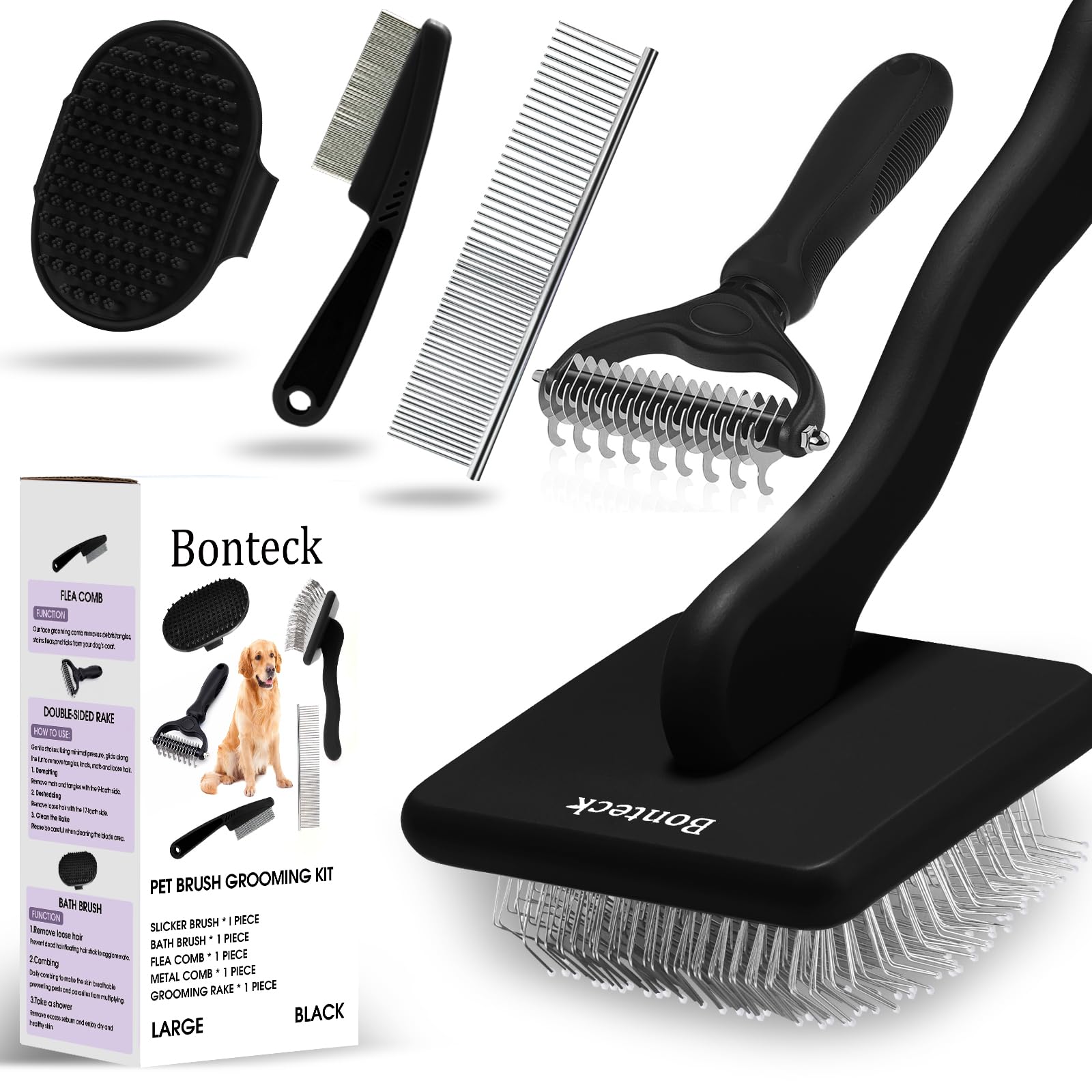 Bonteck Dog Slicker Brush for Dogs Grooming Kit 4PCS | Large Dog Brush for Goldendoodles Poodles Doodles | Long Pin Haired Brush | Poodle Brushes and