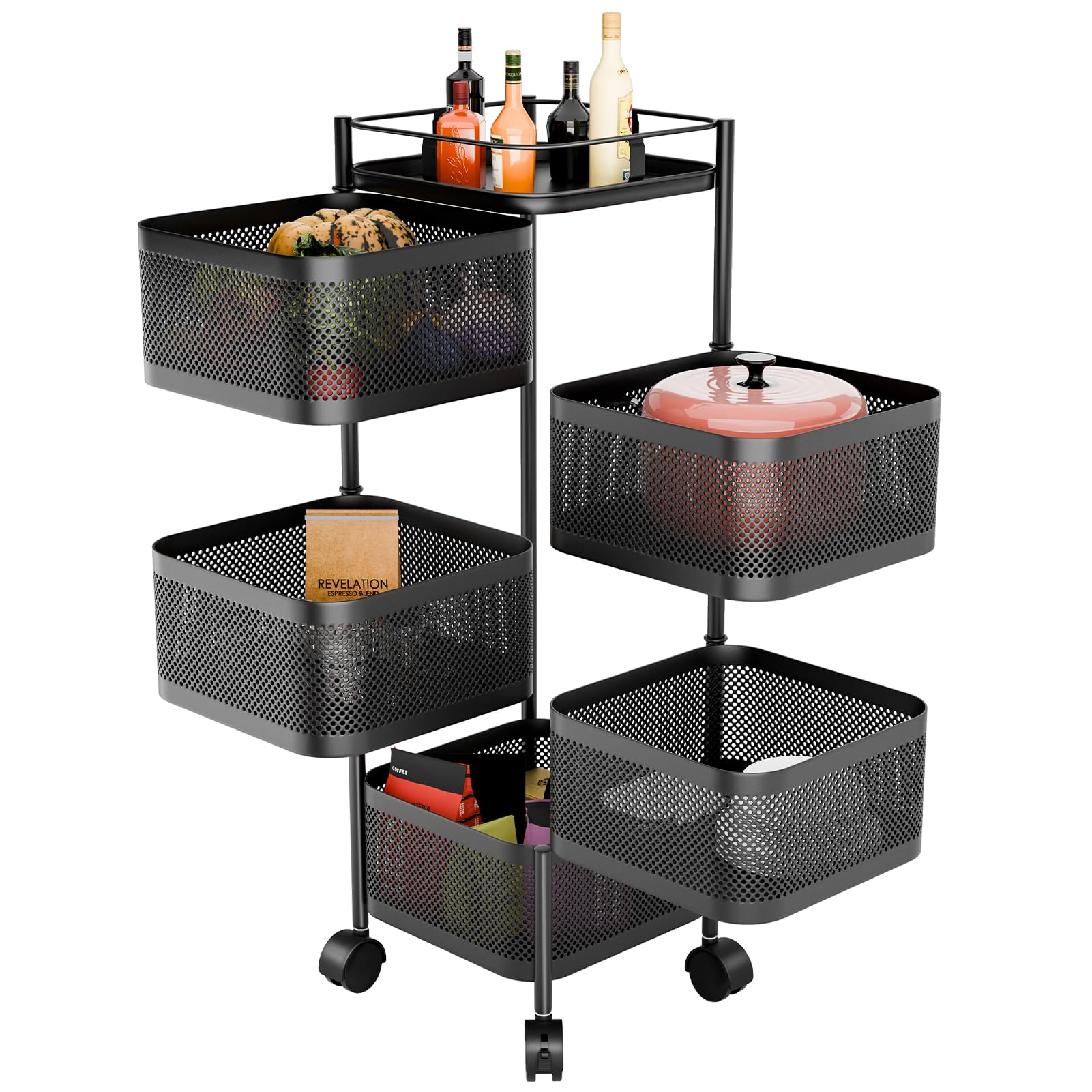 Kitchen Storage Cart, 5-Layer Kitchen Trolley on Wheels, Large Storage Rack with 360 Degree Wheels, Fruit Vegetable Metal Wire Shelf with Top Lid for Living Room, Office (Black 5-Layers)