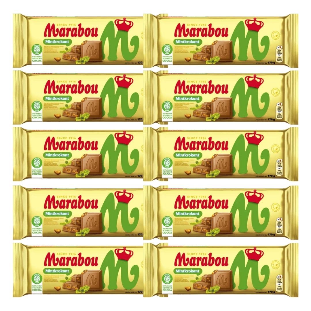 Marabou Mintkrokant 10×170 g (insg. 1,70 kg) | Milchschokolade mit Minz-Krokant | Großpackung für Büro, Events & Handel | Schwedische Marke