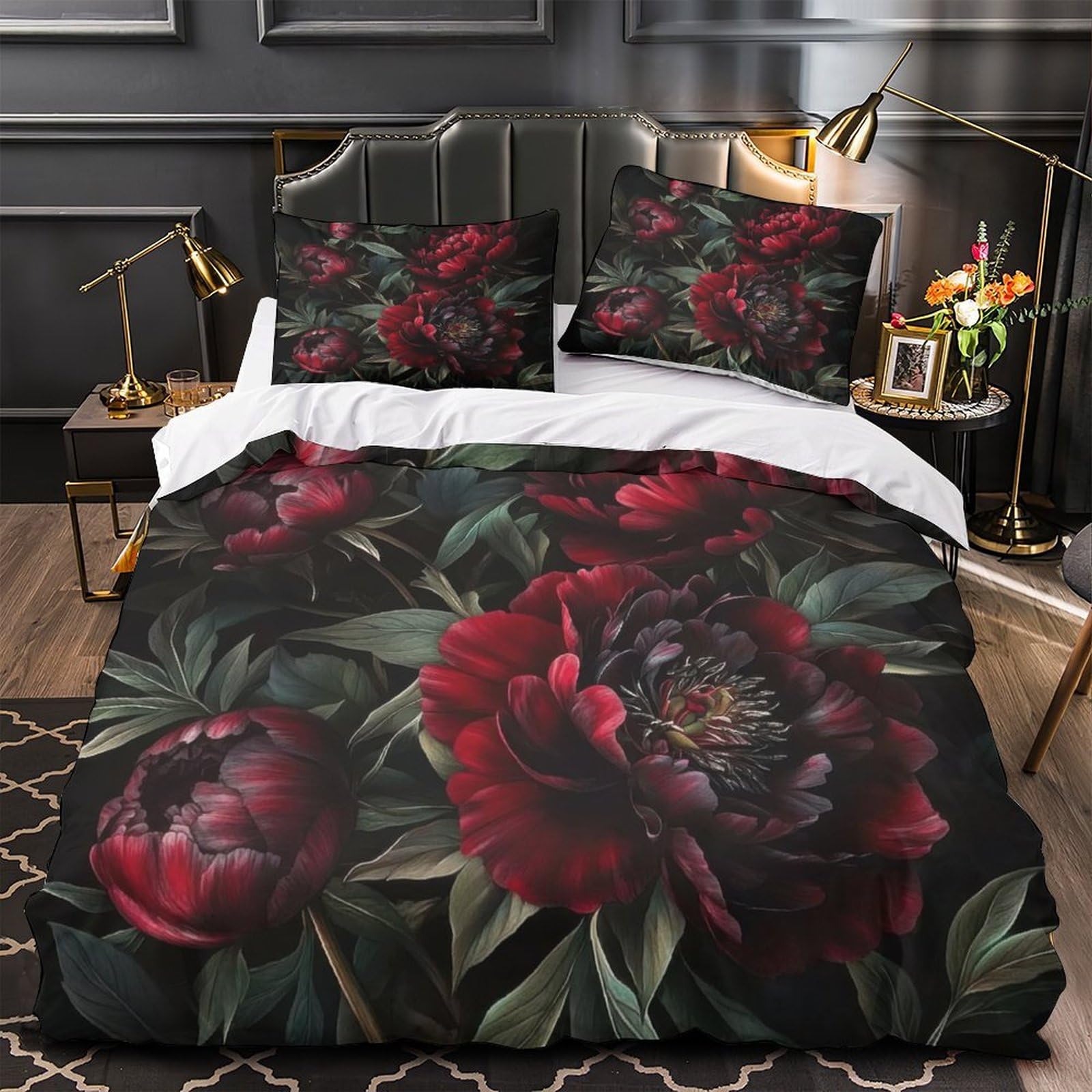 MMDASBVPE Red Peony Flowers Quilt Cover 3D Print Ultra Soft 3PCs Bed Linen Hidden Zipper Botanical Duvet Cover Luxury Breathable for Adults Teens Women Kids Girls Boys Youth Double（200x200cm）
