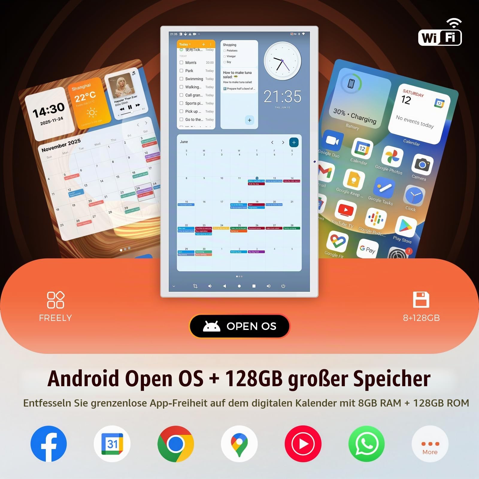 MWE Touchcreen Elektronischer Wandkalender, Digitaler Kalender Wand, 8+128 GB, WiFi-Unterstützung, Ideal für die Anzeige von Bildern, Daten, Wetter, Terminplanung (21.5 Zoll)